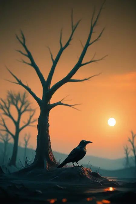 animal, bare tree, bird, crow, distortion, image warping, lens flare, limited palette, no humans, orange sky, scenery, sky, sun behind head, tree, masterpiece, best quality