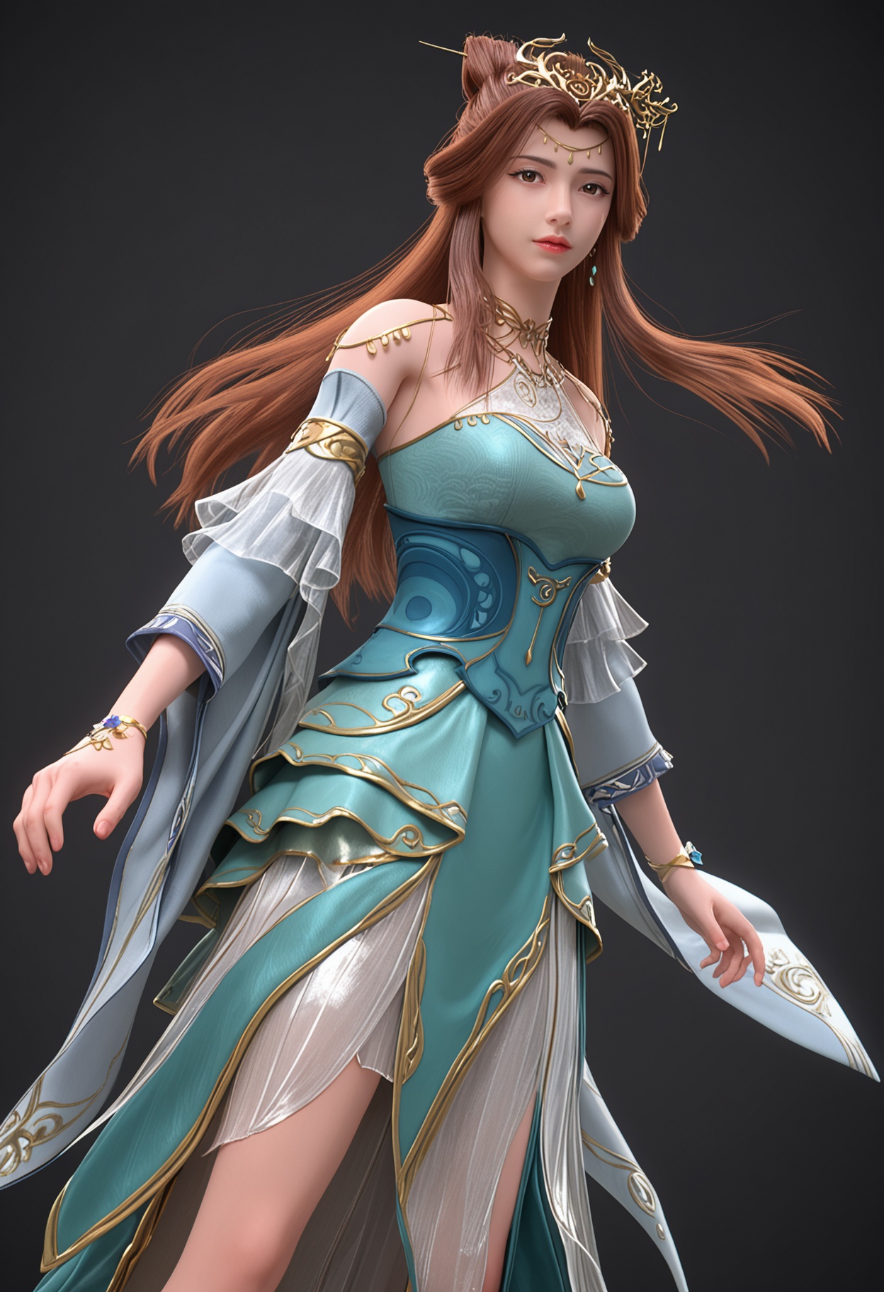 (upper_body:1.2),(looking at viewer:1.1),facing viewer,direct gaze,<lora:YQ_pony_sulingyun_V4:0.8>,1girl,solo,long hair,brown hair,hair ornament,dress,hair bun,brown eyes,jewelry,blue dress,detached sleeves,earrings,green dress,necklace,animal ears,shoes,pantyhose,high heels,tiara,blue footwear,circlet,black footwear,hair rings,BREAK (white skin:1.1),(fair skin:1.1),(Ivory skin:1.1),(shiny skin),perfect anatomy,(simple background,pure black background,black background:1.1),