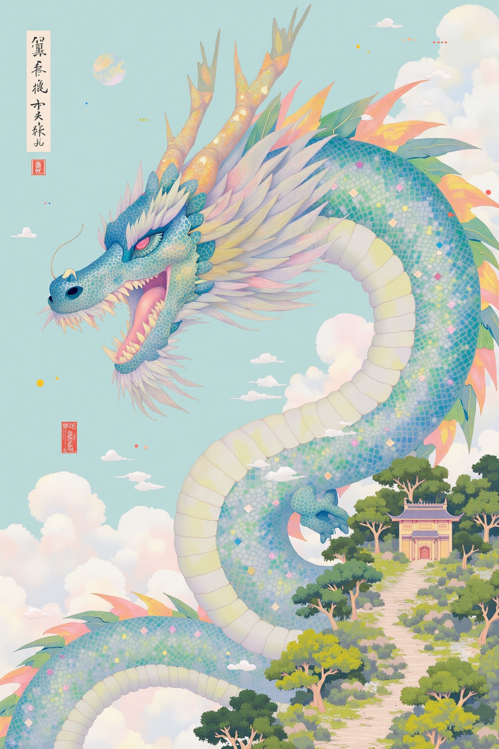 beijihui,An eye-level painting of a dragon, its head facing towards the left side of the frame. Its mouth is open, revealing its sharp teeth. The dragon's head is adorned with a variety of colors, including blue, green, pink, and orange. The background is a light blue, with a few white clouds scattered across it. There are a few trees in the bottom right corner of the painting, their leaves are a mix of green and pink. There is a small brown building in the upper right corner.