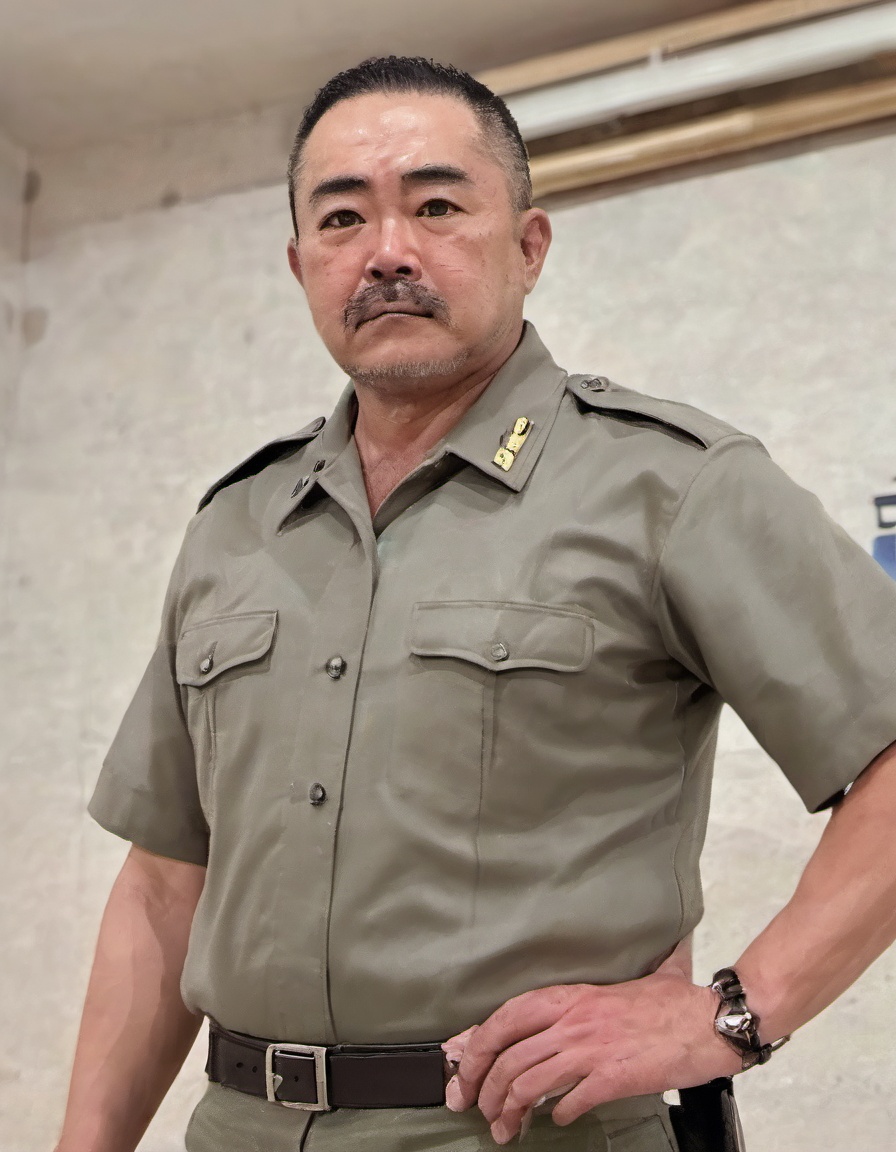 JPyoruno, bara, black hair, cnxxxdad, facial hair, large pectorals, male focus, mature male, muscular, nipples, pectorals, penis, realistic, short hair, uniform  <lora:SDXL.东亚矮矬男JPyoruno:0.88> <lora:Penis Size_alpha1.0_rank4_noxattn_last:0.7>