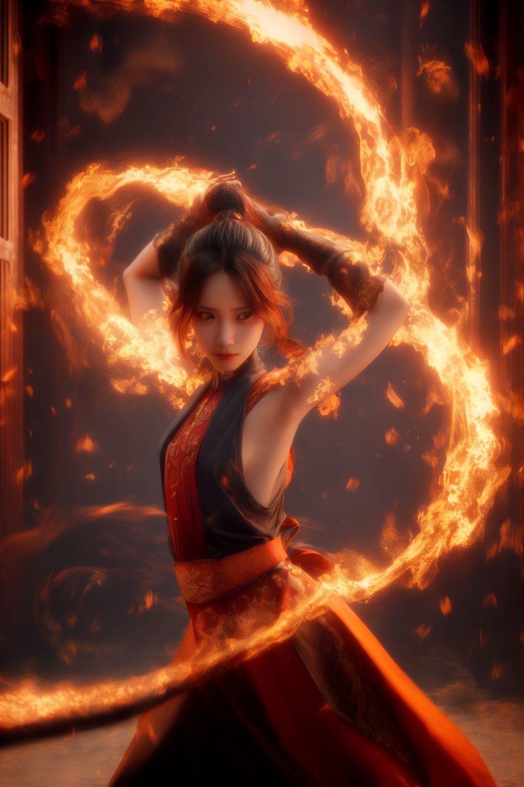 orang-aura,using orang-magic,orang-magic,ancient-costume,dancing,solo,1girl,fire,long hair,ponytail,<lora:magic_fighting_768:0.8>,