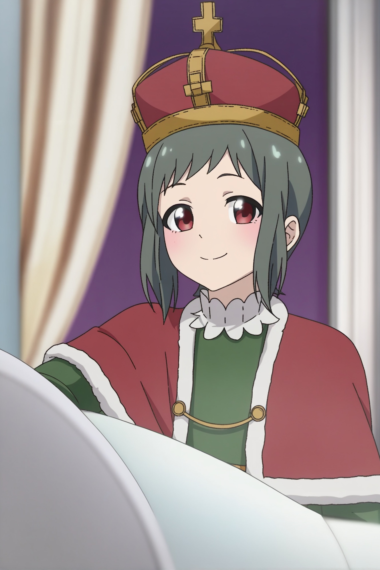 Ruirui,solo,1girl,smile,red eyes,looking at viewer,parody,hat,blush,short hair,upper body,sidelocks,capelet,curtains,green hair,closed mouth,red headwear,crown,anime coloring,
