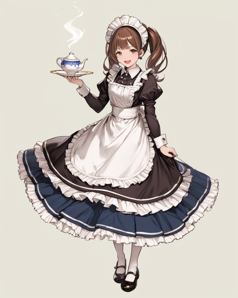 (best quality), ((masterpiece)), (highres), illustration, original, extremely detailed, <lora:JTのGame Character XL:0.7>1girl, maid, solo, long hair, maid headdress, full body, puffy sleeves, juliet sleeves, open mouth, shoes, apron, mary janes, brown hair, cup, food, smile, dress, long sleeves, twintails, maid apron, teacup, teapot, looking at viewer, white background, broom, simple background