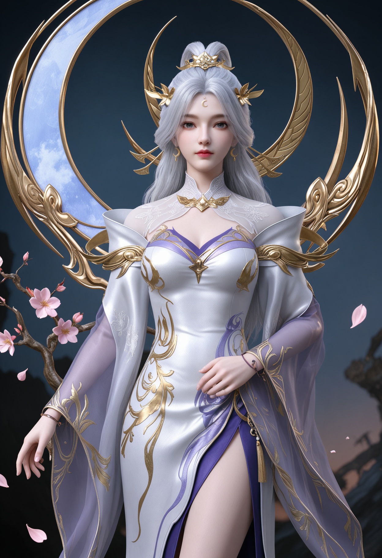 (cowboy shot:1.2),(looking at viewer:1.1),masterpiece,(best quality),smog,Dark room,dim lighting,peach blossom,falling petals,<lora:YQ_Illustrious光辉v5_月神_仙武传_V1:0.8>,q1528437228,1girl,solo,long hair,hair ornament,jewelry,white hair,forehead mark,earrings,dress,white dress,blue eyes,grey hair,crescent earrings,long sleeves,grey eyes,high heels,white footwear,hair bun,flower,wide sleeves,pantyhose,shoes,bracelet,side slit,