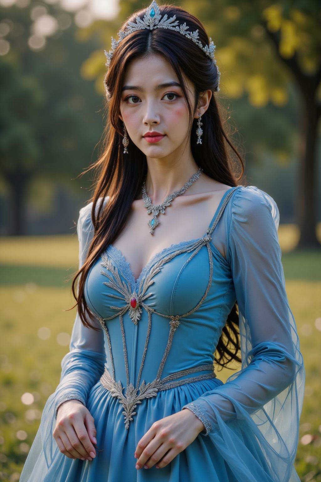 HDR photo of cinematic film still 1girl, solo, long hair, breasts, looking at viewer, brown hair, black hair, long sleeves, dress, brown eyes, jewelry, standing, earrings, outdoors, necklace, blurry, tree, see-through, blurry background, blue dress, tiara, skirt hold, see-through sleeves, . shallow depth of field, vignette, highly detailed, high budget, bokeh, cinemascope, moody, epic, gorgeous, film grain, grainy . High dynamic range, vivid, rich details, clear shadows and highlights, realistic, intense, enhanced contrast, highly detailed