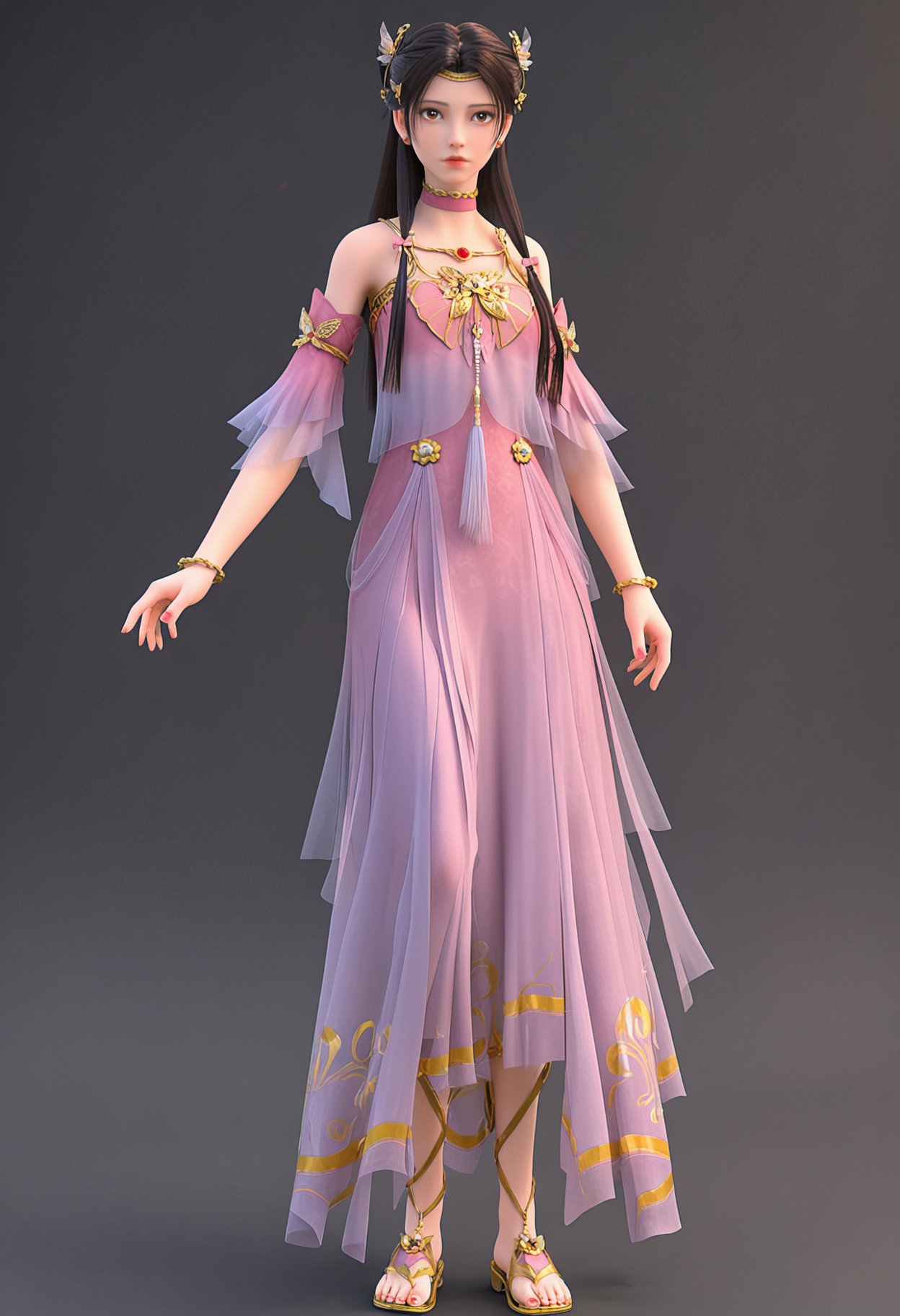 (cowboy shot:1.2),(looking at viewer:1.1),facing viewer,direct gaze,<lora:YQ_pony_tianlinger_V5:0.8>,q1528437228,1girl,solo,jewelry,long hair,hair ornament,earrings,dress,brown hair,choker,black hair,brown eyes,detached sleeves,hair bun,bracelet,necklace,sandals,BREAK simple background,pure black background,black background,perfect anatomy,