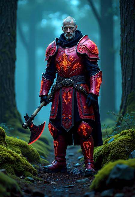 vikingpunk style middle-aged  poised male (XY) australian, pale skin, hazel eyes, character, Lean build, short bald hair gray hair, , wearing a neon red runic plate armor, frost walker boots, battle-axe, set in  a vibrant runestone forest, bioluminescent moss illuminates intricate carvings on the stones, amidst the metallic glint of integrated technology, a place of eerie beauty. , during a storm,,   <lora:flux_trainer/moxiePunk_v4D>