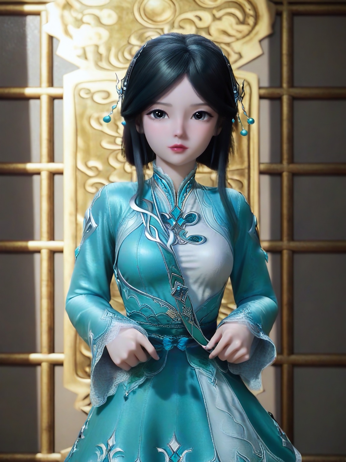 score_9,1girl,solo,SFNingRongRongPony,black eyes,breasts,medium breasts,hair ornament,sleeves, black hair,aqua dress,cowboy shot, eyelashes,standing, lipstick,looking at viewer,indoors, <lora:SF_NingRongRong_Child_Pony_Realism2.3-000004:0.7>,