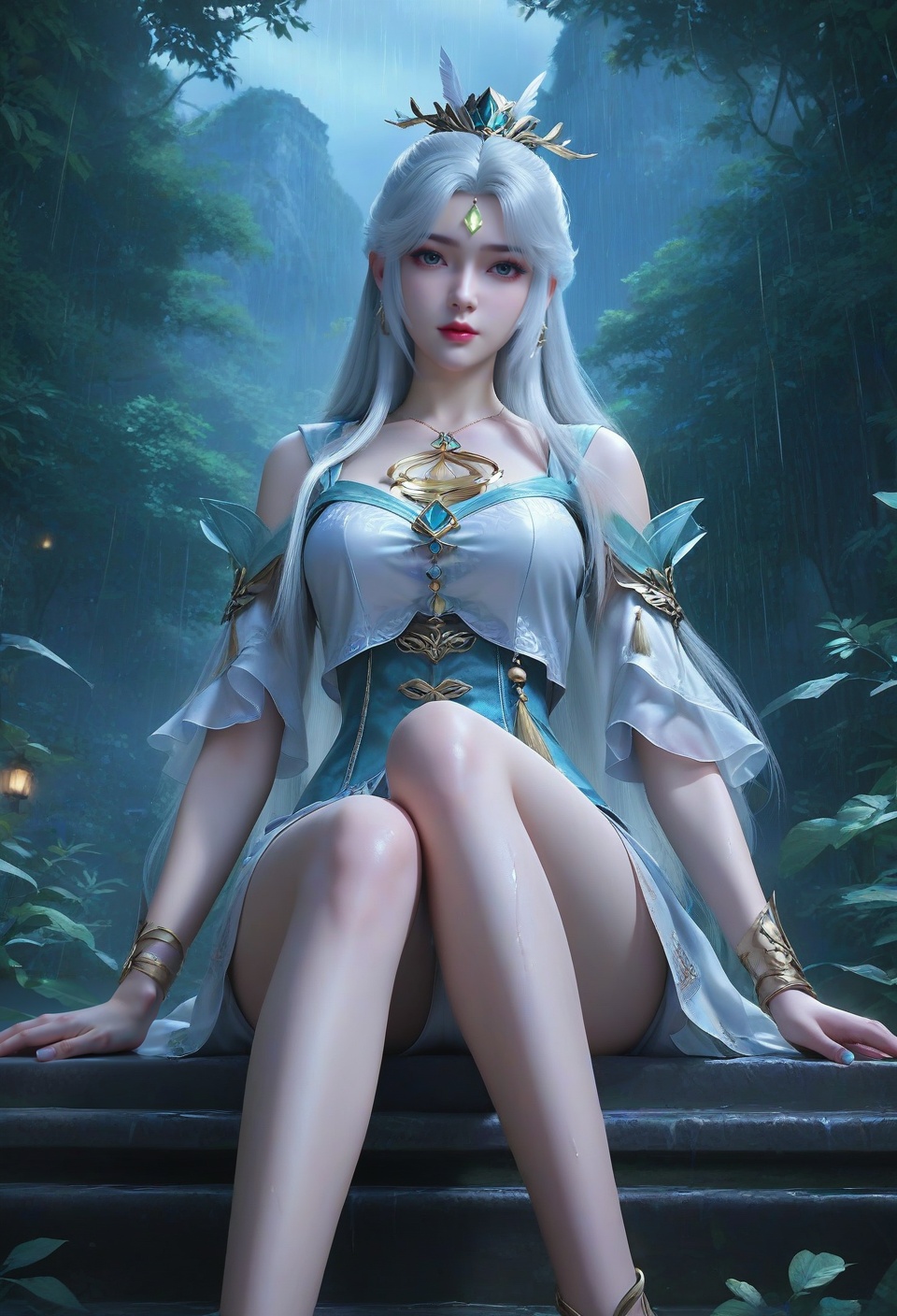 score_9,score_8_up,score_7_up,break.,china dlrb,China girl,mole,1girl,solo,looking at viewer,(sedimentary layer contrast:1.4@z0.7-1.0),white hair,skirt,bare legs,pov,(nm style),1girl,solo,looking at viewer,magic forest,facial,ambient lighting,(girl at x0,y1:1.4),fairy,(rain （环境氛围） beyond z0.7:1.6),(neon lights details:1.3@z0.7-1.0),neon lights,vampire,china,outfit,miniskirt,<lora:16完美世界银凰:0.8>,