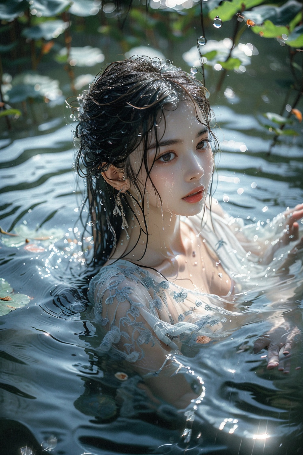 1girl, solo, long hair, black hair, earrings, jewelry, water, parted lips, wet, blurry, partially submerged, brown eyes, looking away, fish, wet hair, lips, blurry background<lora:HTTP_20240115220048-000006:1>