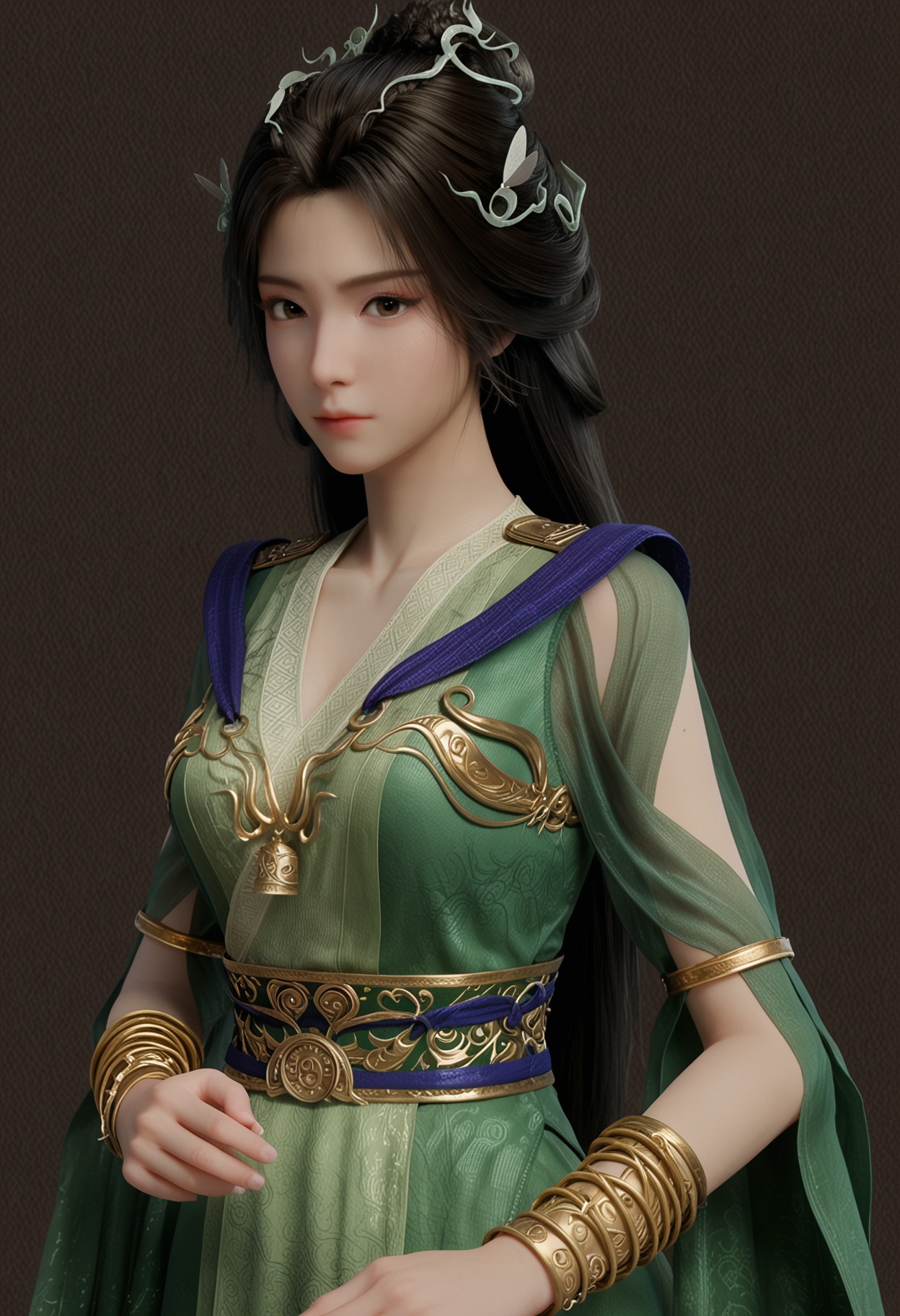 score_9,looking_at_viewer,upper body,(large breasts:0.8),hanyunzhi,1girl,solo,black hair,long hair,hair ornament,green dress,realistic,dress,closed mouth,jewelry,bracelet,chinese clothes,sash,brown eyes,hair bun,(simple background,pure black background,black background:1.1),perfect_anatomy,<lora:QQSponyhanyunzhiV1:0.8>,