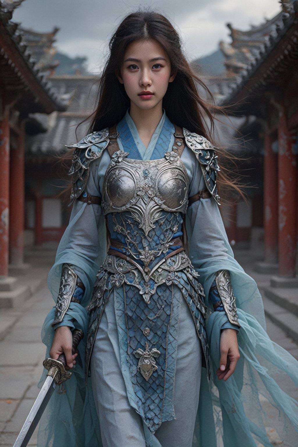 Create an image of a young female warrior standing confidently in a traditional Asian courtyard. She is dressed in an eleg...