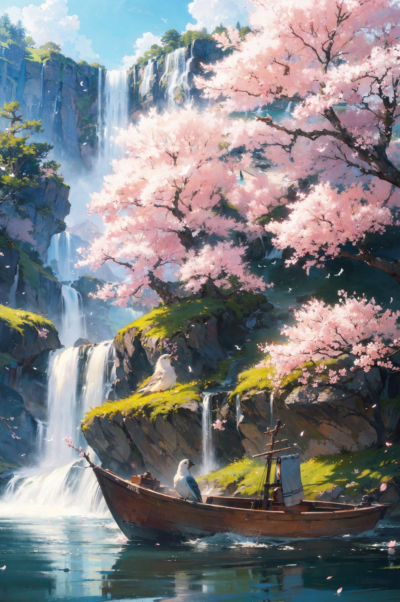 (masterpiece, top quality, best quality, official art, beautiful and aesthetic:1.2),waterfall,water,tree,bird,scenery,outdoors,solo,branch,standing,wings,nature,fantasy,day,cherry blossoms,1other,no humans,animal,boat,