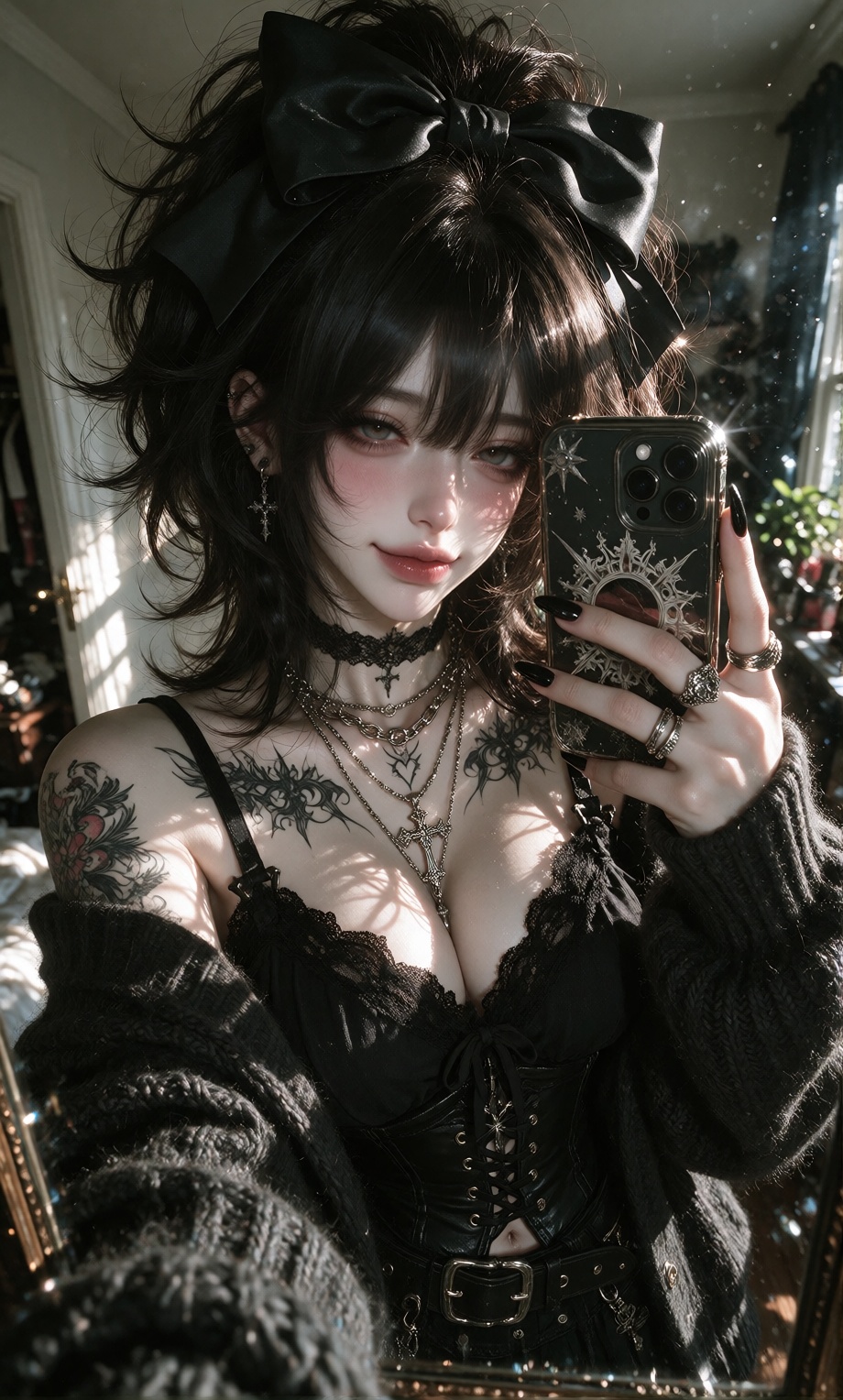 cute goth girl,  pale skin,  big voluminous black hair with soft messy layers on Tensor.Art