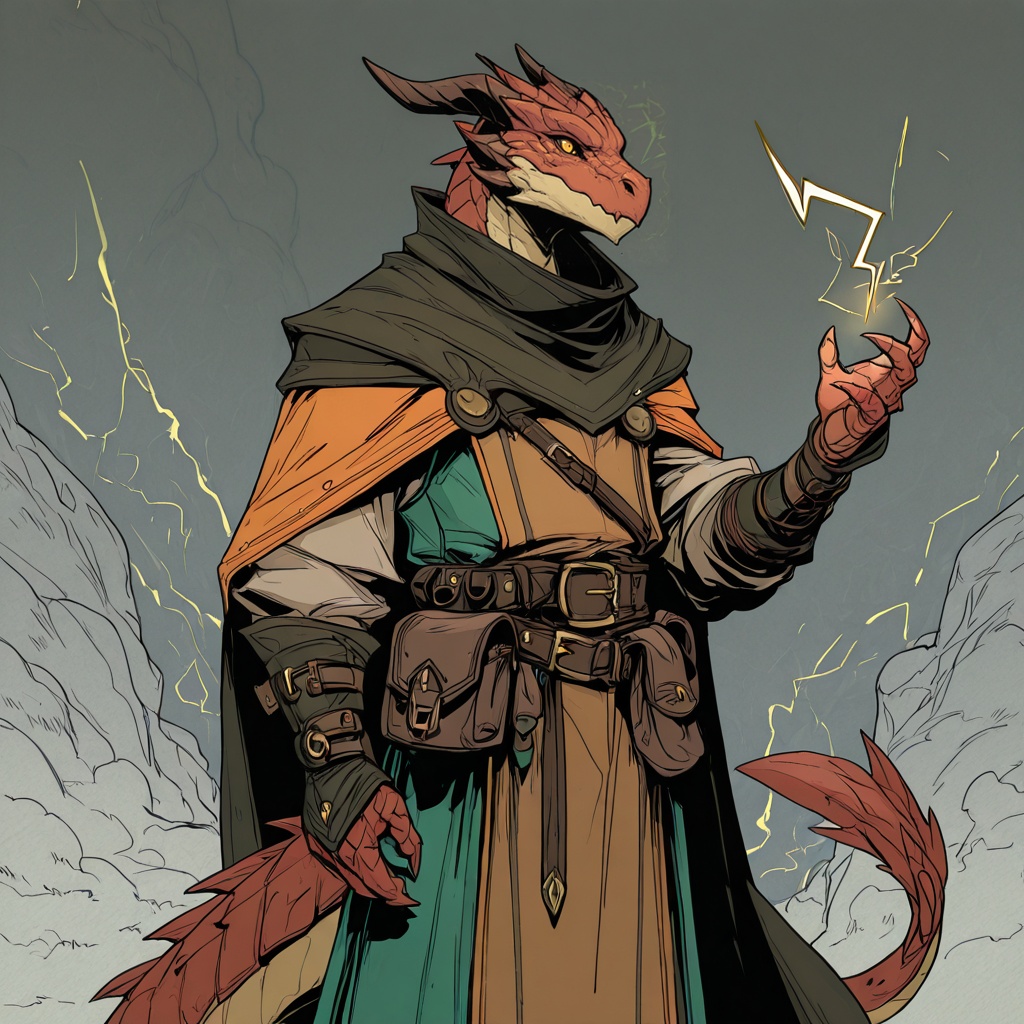 D&D Painterly,  The image shows a man in a costume with a dragon on his head holding a lightning bolt in his hand. He is w...