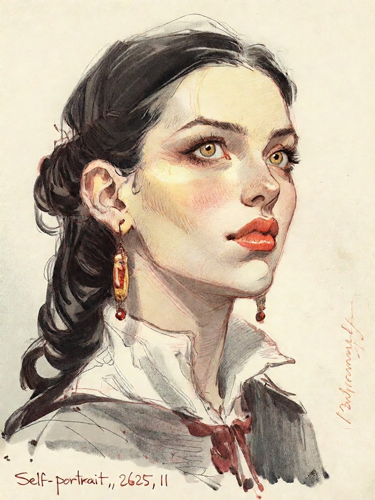 Bradhamel art style. A detailed sketch of a woman’s self-portrait in profile,  rendered with fine pencil lines and colored...