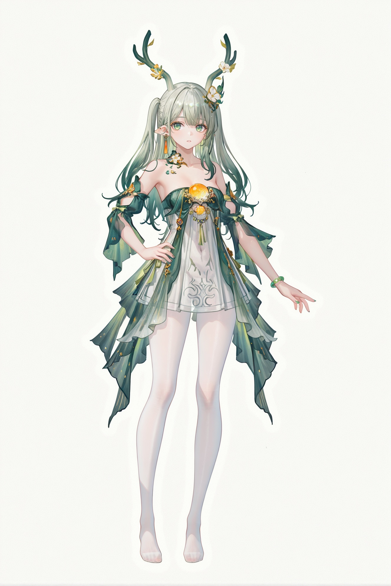 8k,best quality,masterpiece,(ultra-detailed),(high detailed skin),((artist:reoen),(artist:fuzichoco),(artist:atdan),(artist:torino_aqua),year 2024:0.8)1girl,[artist:wlop],[artist:ningen_mame],artist:ciloranko,[[artist:rhasta]],artist:tidsean,colorful,full body,full shot,standing,(solo:1.2),simple background,(white background:1.2),hand on own hip,(white background:1.1),<lora:weimo-ill-Tanger-000013:0.8>,weimo \(book of yog\),weimodef,clothes: weimodef clothes,weimodef green-and-white dress,weimodef green ribbon,weimodef flower hair ornament,weimodef white pantyhose,weimodef detached sleeves,weimodef green-and-white deer horns,jewelry,twintails,1girl,long hair,antlers,see-through,grey hair,green hair,multicolored hair,