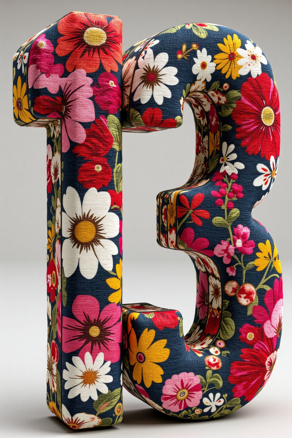 beijihui,The image shows a large, three-dimensional number "13" **** from a fabric-**** material. The number is intricately designed with various floral patterns in vibrant colors such as red, pink, yellow, and white. The background is a plain, neutral gray, which makes the colorful and textured "13" stand out prominently. The fabric texture gives the number a tactile and artistic appearance, blending the number with the floral design.