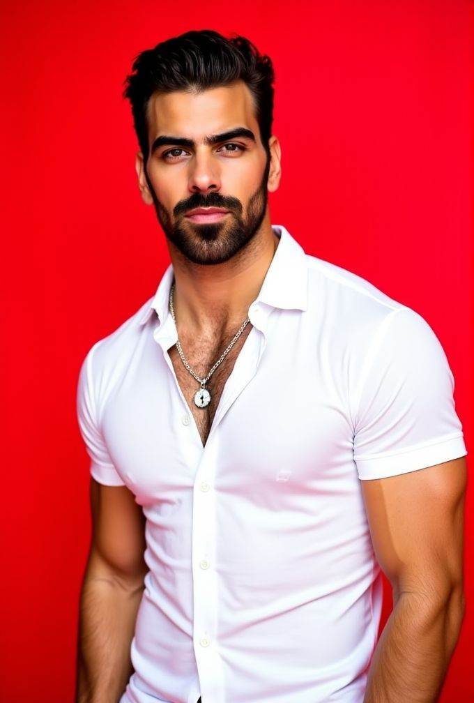 Nyle Dimarco ,  The image is a high-resolution photograph,  standing against a solid red background. wavy hair styled to t...