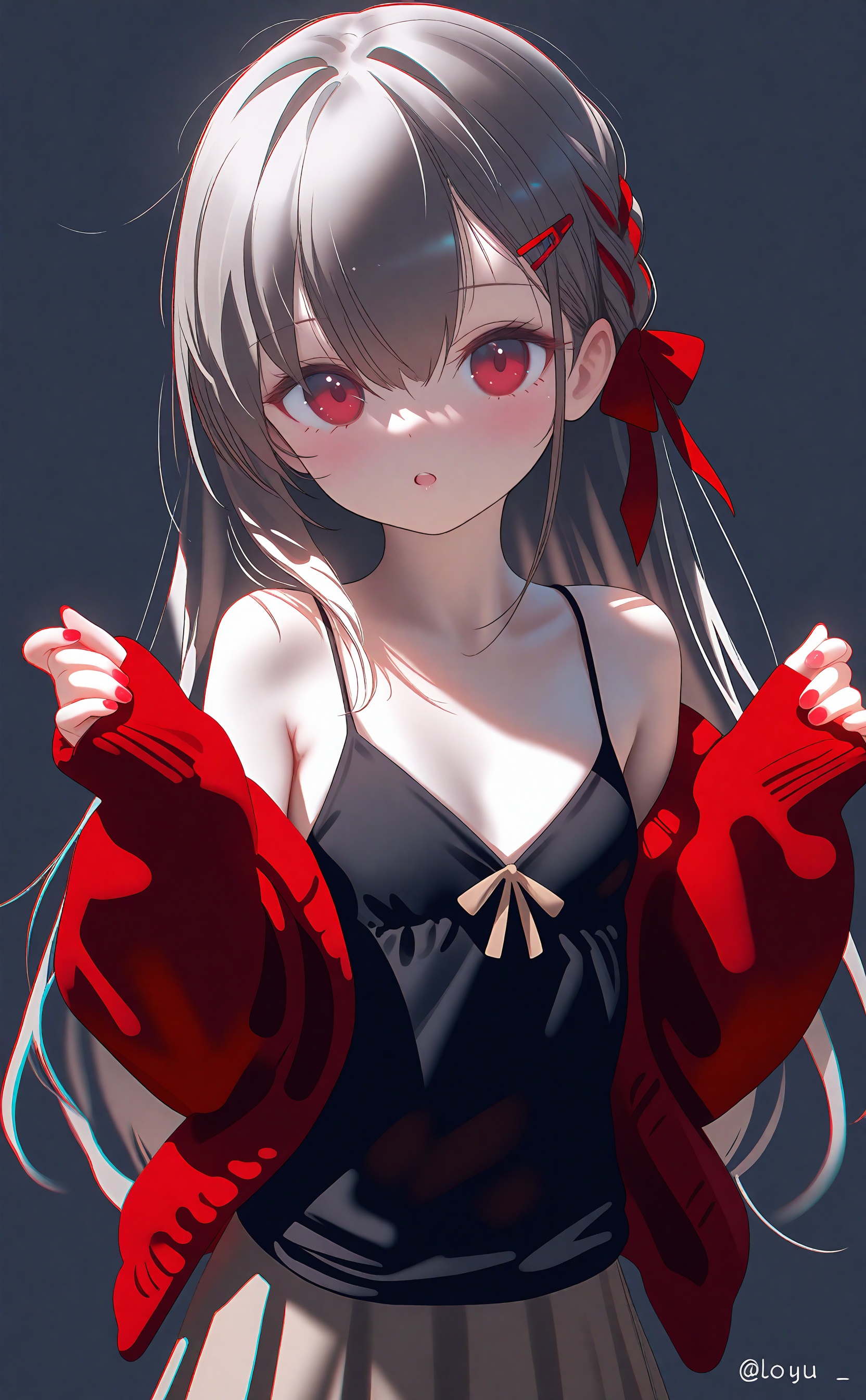 masterpiece,absurdres,best quality,high quality,chromatic_aberration,night,darkness,black theme,photorealistic,high contrast,high saturation,loli,loli,loli,//,1girl,solo,simple background,sleeves past wrists,red nails,skirt,grey hair,hair ornament,blush,white background,looking at viewer,camisole,red sweater,pleated skirt,red cardigan,hairclip,hair ribbon,nail polish,bow,ribbon,long sleeves,off shoulder,red eyes,parted lips,long hair,breasts,red ribbon,hands up,bare shoulders,cleavage,collarbone,sweater,spaghetti strap,braid,hair between eyes,red jacket,brown skirt,jacket,grey background,small breasts,puffy long sleeves,open clothes,artist name,sleeveless,puffy sleeves,:o,brown bow,brown hair,twitter username,cardigan,open mouth,hair bow,red bow,ribbon braid,<lora:Hires 0.1+:1>,<lora:Nai4 Amei zc:1>,