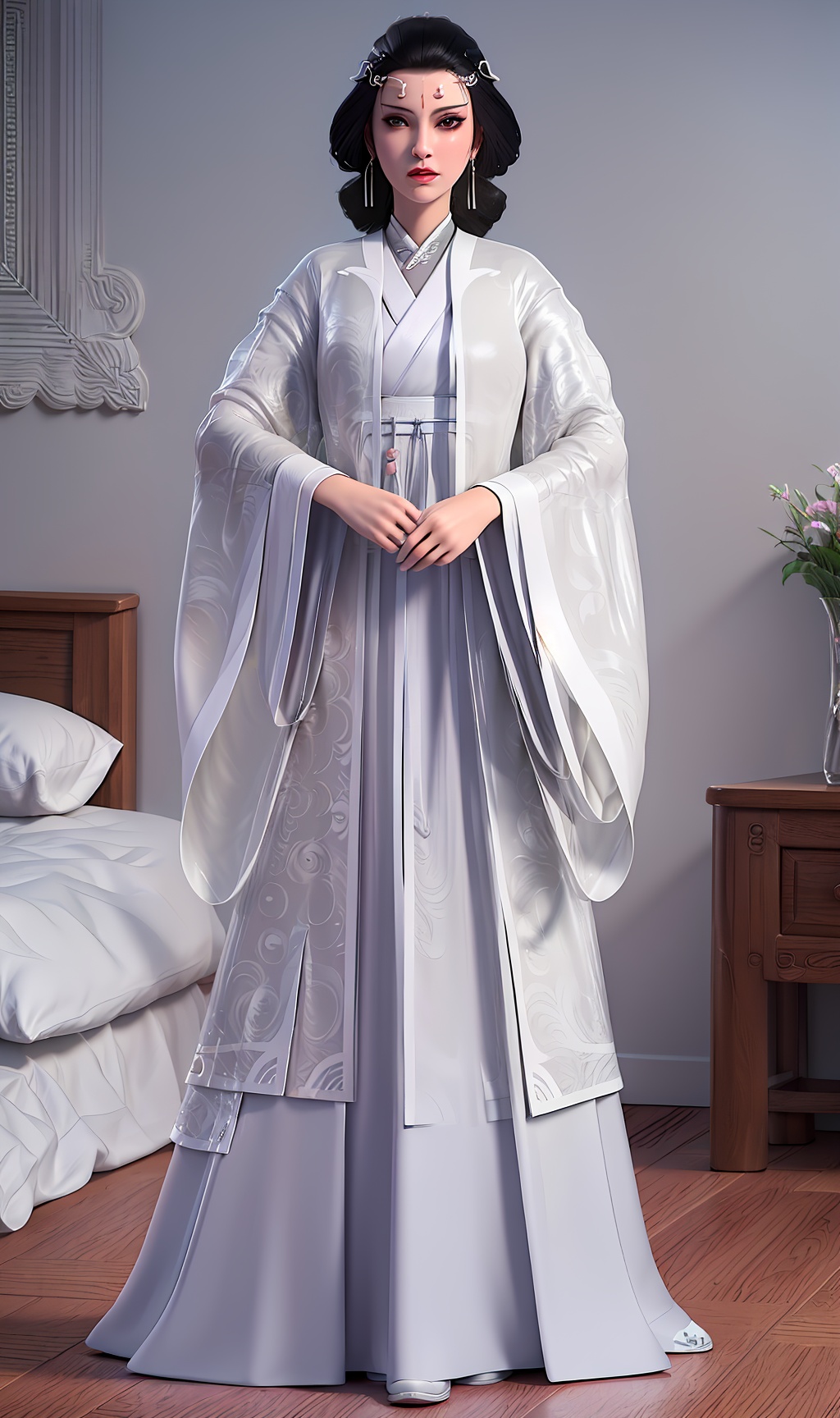 3D,masterpiece,(best quality),(makeup),official art, extremely detailed cg 8k wallpaper,((crystalstexture skin)), (extremely delicate and beautiful),(highly detailed),(face),(tiara),(collar),(hairpin),(wide_sleeves),(1girl), (solo), (jewelry), (earrings),(black_hair),(long_hair),(hair_ornament),(handwear),(breasts),(standing),((full_body,whole_body)),(closed_mouth),(long_dress),(long_skirt),,(chinese_clothes),(multicolored_clothes),(multicolored_dress),(shiny_clothes),(robe),(gown),(hanfu),(city,indoor,bed),,((looking_at_viewer)),((Facing the camera)),(shoes),(cloth_shoes),(flat_shoes),, <lora:hipoly3DModelLora_v10:0.3>