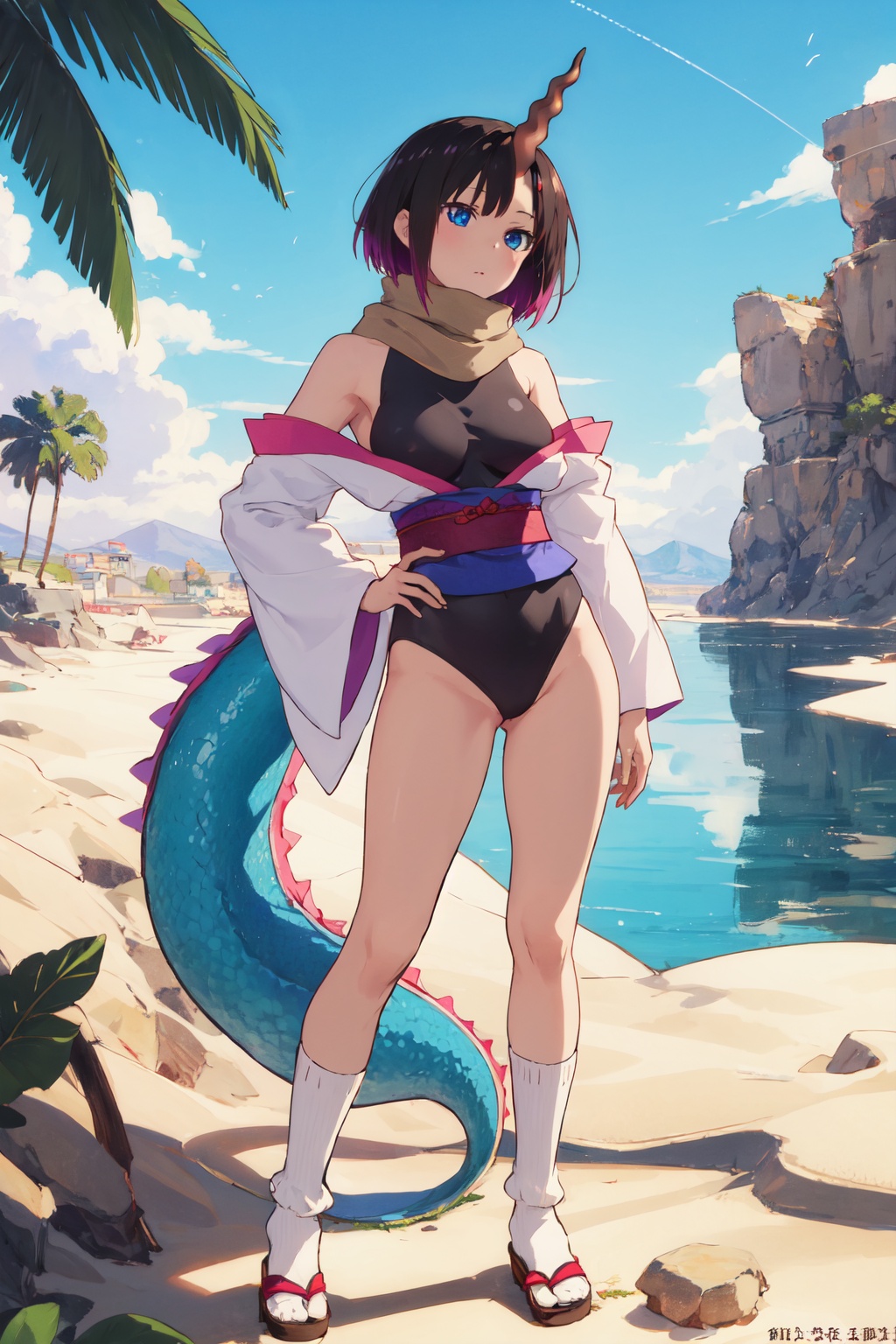 <lora:Elma-000013:0.8>,Elma CYQL,1girl,looking at viewer,solo,dragon girl,short hair,black hair,purple hair,multicolored hair,gradient hair,horns,single horn,dragon horns,blue eyes,sash,japanese clothes,scarf,obi,breasts,black leotard,leotard,large breasts,kimono,leotard under clothes,off shoulder,bare shoulders,tail,dragon tail,socks,giggling,panorama,Amidst the boundless expanse of sand, a verdant oasis stands like a mirage, where clear pools are shaded by date palms,(Water lilies, Lotus flowers, Cattails, Willow trees, Reflections, Warm hues:0.5),beautiful detailed sky,beautiful detailed glow,posing in front of a colorful and dynamic background,masterpiece,best quality,beautiful and aesthetic,contrapposto,female focus,wallpaper,
