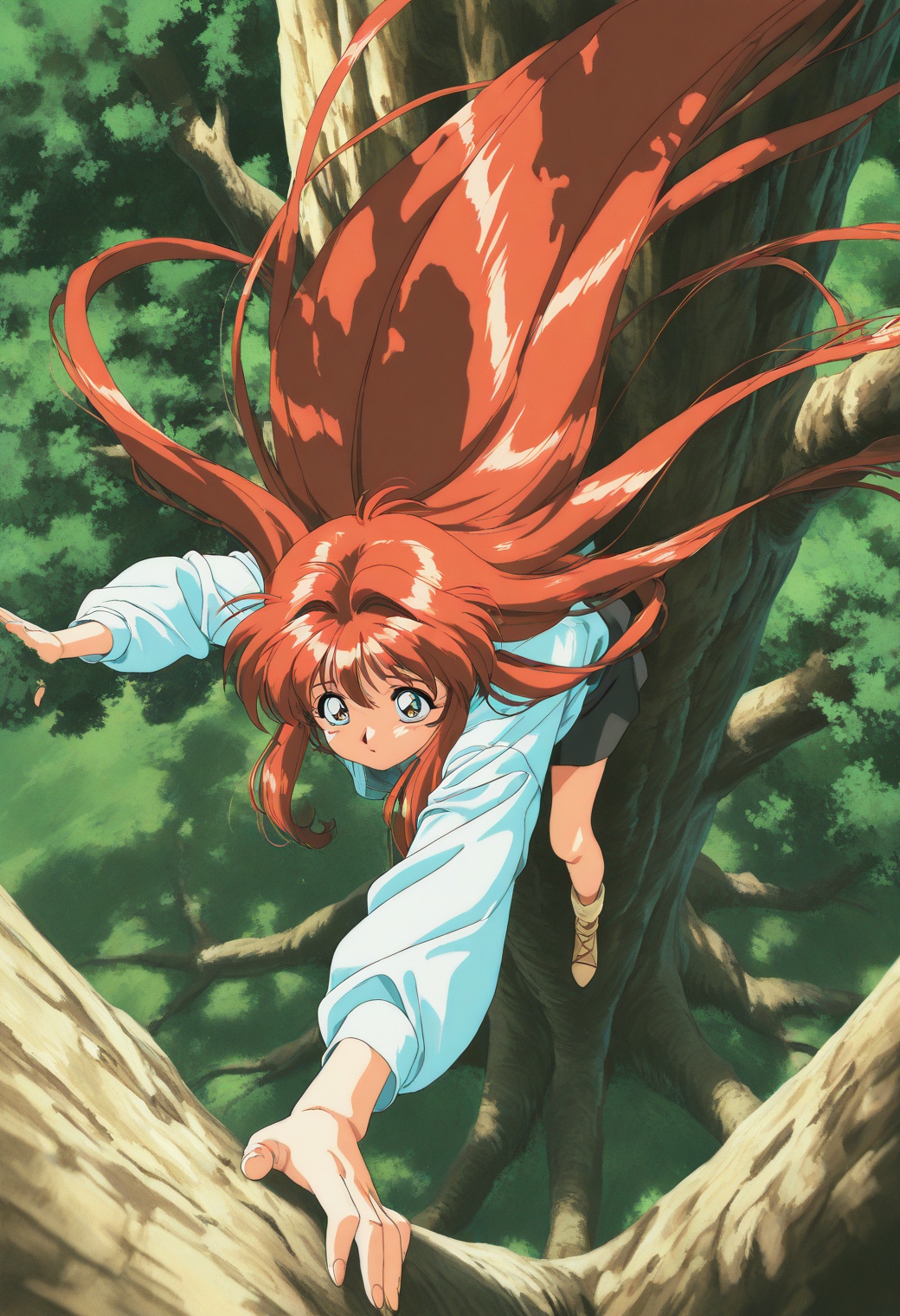 masterpiece,best quality,amazing quality,very aesthetic,absurdres,newest,impactful picture,offcial art,movie perspective,1990s \(style\),anime coloring,Yuuki_Mizuho_OVA,1girl,solo,big tree,propped up the trunk,very long hair,hair blown by the wind,from_above,