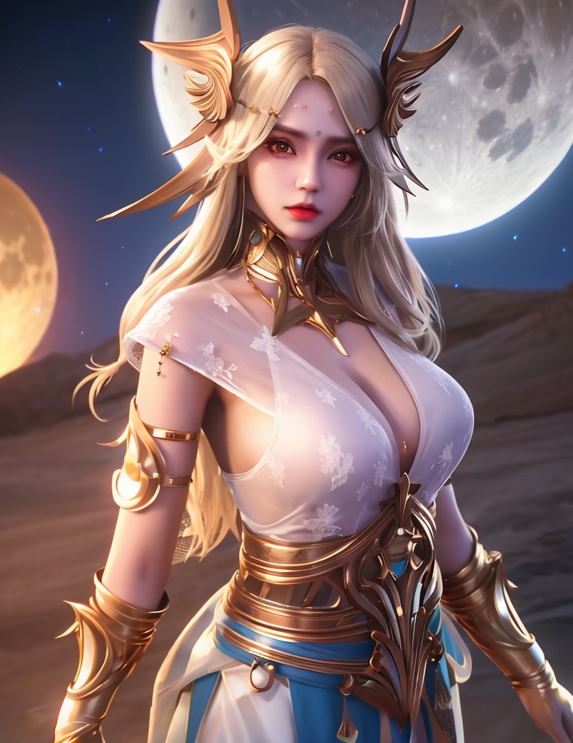 <lora:523-DA-神印王座-光明女神:0.8>(,1girl, ,best quality, ),looking at viewer,masterpiece, (( , )),, realistic,science fiction,mole, ultra realistic 8k cg, full moon, (cleavage), (),