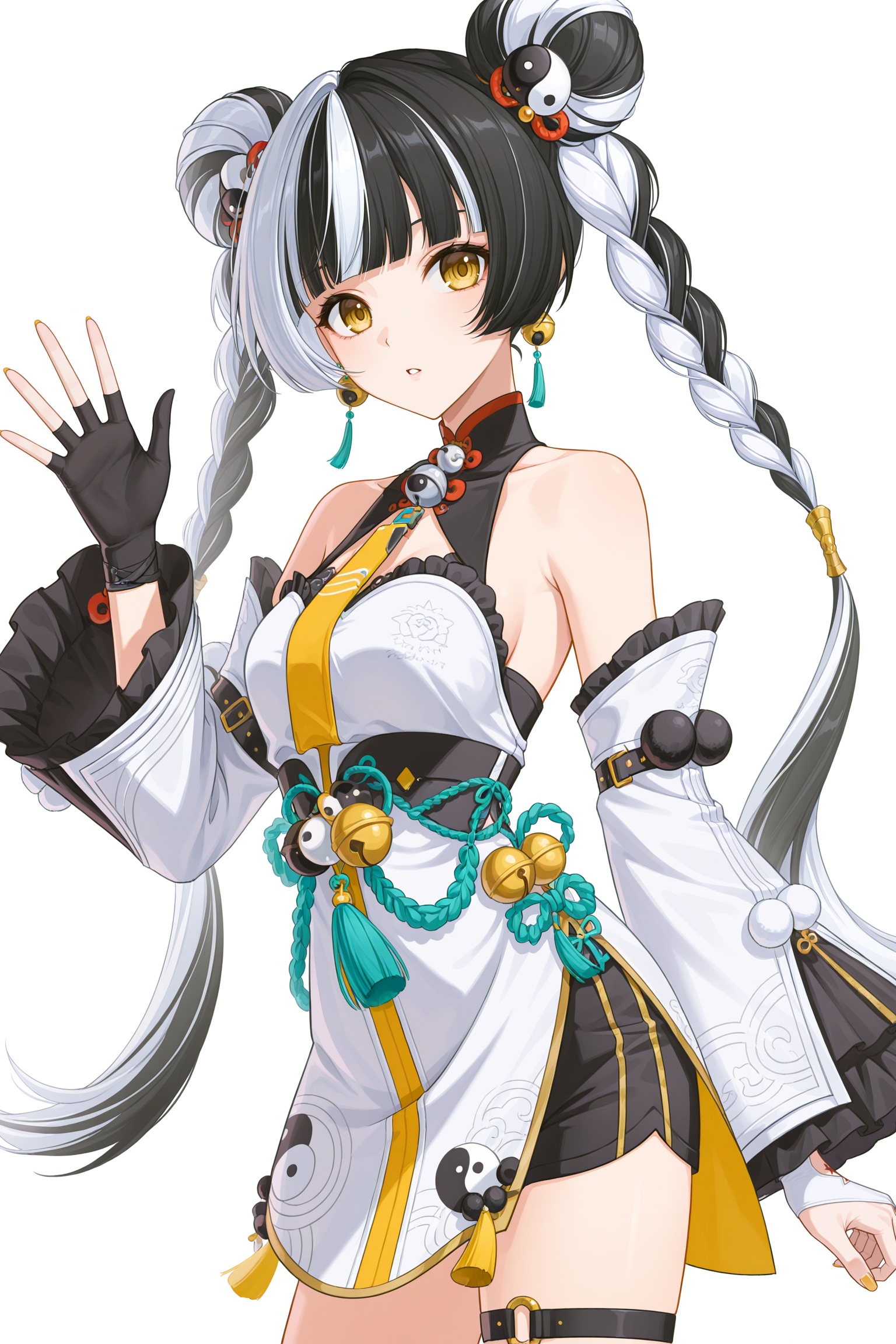 <lora:Dialyn v0.9 illustrious-000032:1>,Dialyn,1girl,solo,twin braids,detached sleeves,braid,gloves,white dress,double bun,looking at viewer,dress,white sleeves,shorts,bare shoulders,black gloves,thigh strap,chinese clothes,black shorts,white background,hair bun,jewelry,fingerless gloves,hair ornament,cowboy shot,nail polish,bell,sleeveless,earrings,tassel,blunt bangs,parted lips,single glove,yin yang,breasts,from side,frilled sleeves,long sleeves,china dress,twintails,white_background,simple_background,white hair,black hair,two-tone hair,waving,