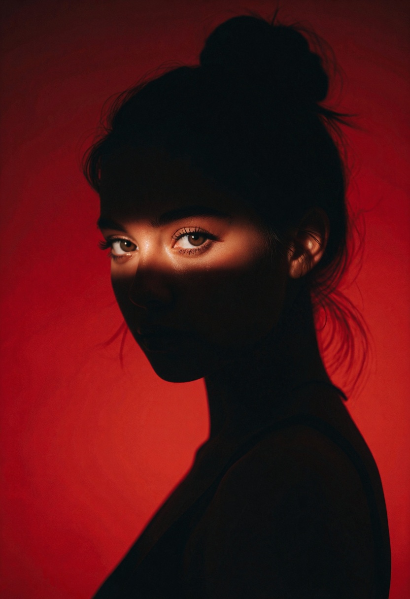 Create an image of a woman,  rendered in dramatic chiaroscuro against a vibrant red backdrop. The woman is primarily silho...