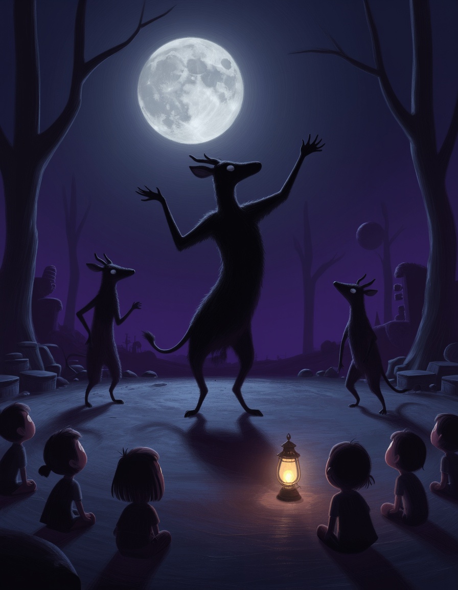 "Digital art painting,  mysterious and slightly eerie,  a moonlit circus with dark silhouettes of anthropomorphic animals...