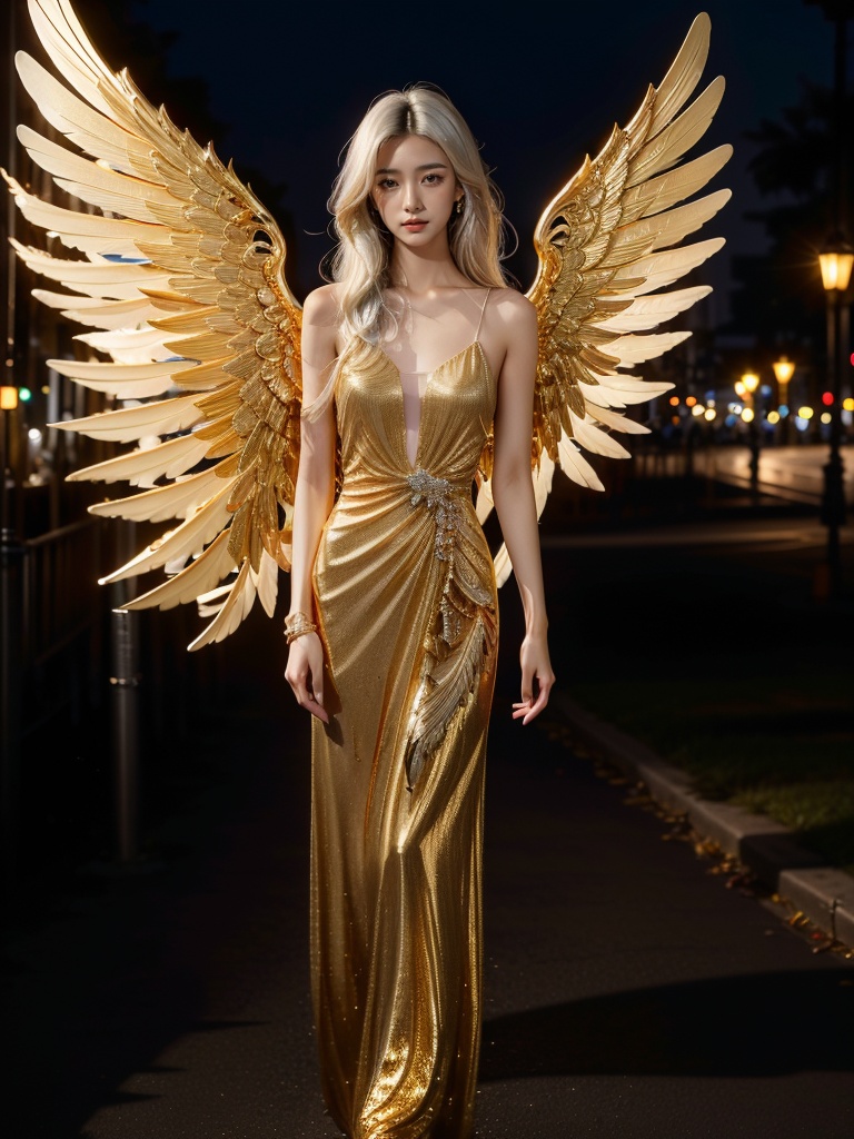 jinyingnvshen,masterpiece,best quality,1girl,exquisite details,set at night by the seaside,white hair,jewelry,<lora:jinyingnvshen-000004:0.7>,exquisite evening dress,small golden wings,