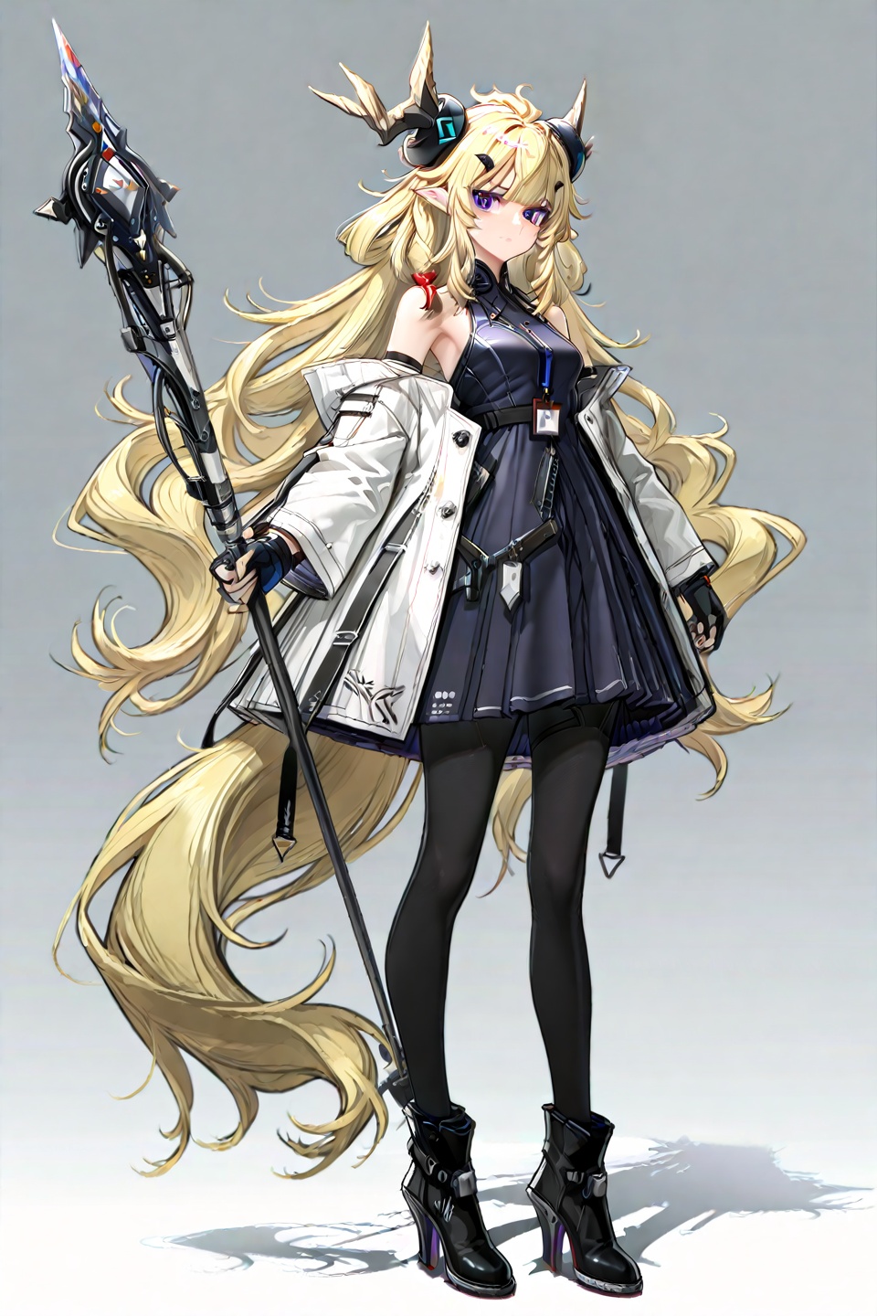masterpiece, best quality,grey background,looking at viewer,SOLO,simple background,,  leizi\(arknights\),pointy_ears,hair_between_eyes,blonde_hair,messy_hair,breasts,bangs,purple eyes,very long hair,dragon horns,antlers,dragon tailclo_1,bare_shoulders,off_shoulder,open_clothes,hair_ornament,,black gloves,black pantyhose, sleeveless dress, white jacket,high heel boots, holding staff, white coat, id card<lora:leizi-惊蛰-ill:0.8>