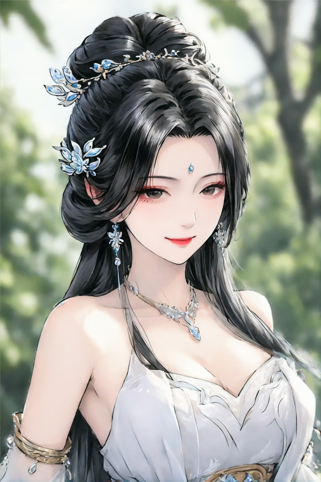 <lora:01古风美女第一版:0.8>,1girl,jewelry,hair ornament,earrings,solo,dress,black hair,upper body,smile,long hair,breasts,bare shoulders,looking at viewer,white dress,necklace,cleavage,blurry background,hair bun,forehead mark,