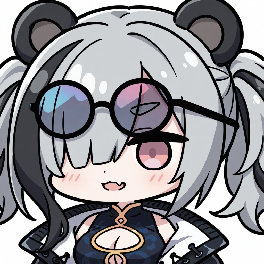 chibi,1girl,solo,upper body,feater \(arknights\),arknights,animal ears,black hair,,grey hair,multicolored hair,streaked hair,panda ears,twintails,hair over one eye,long hair,sunglasses,eyewear on head,two-tone hair,fang,round eyewear,skin fang,Blush, ,white background,simple background,<lora:Kei_Style_noob-4:0.4>,