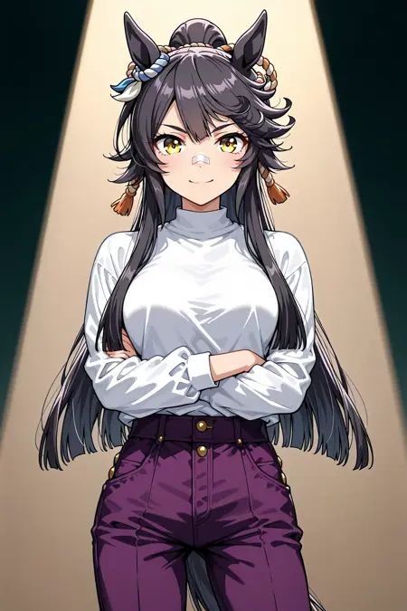 <lora:Narita_Brian:0.8>,narita brian \(umamusume\),horse ears,yellow eyes,long hair,horse girl,ponytail,black hair,horse tail,bangs,tail,hair between eyes,casual,ear ornament,bandaid on nose,white shirt,long sleeves,shirt tucked in,high-waist pants,purple pants,, 1girl,solo,smile,looking at viewer,cowboy shot,pose,spotlight,