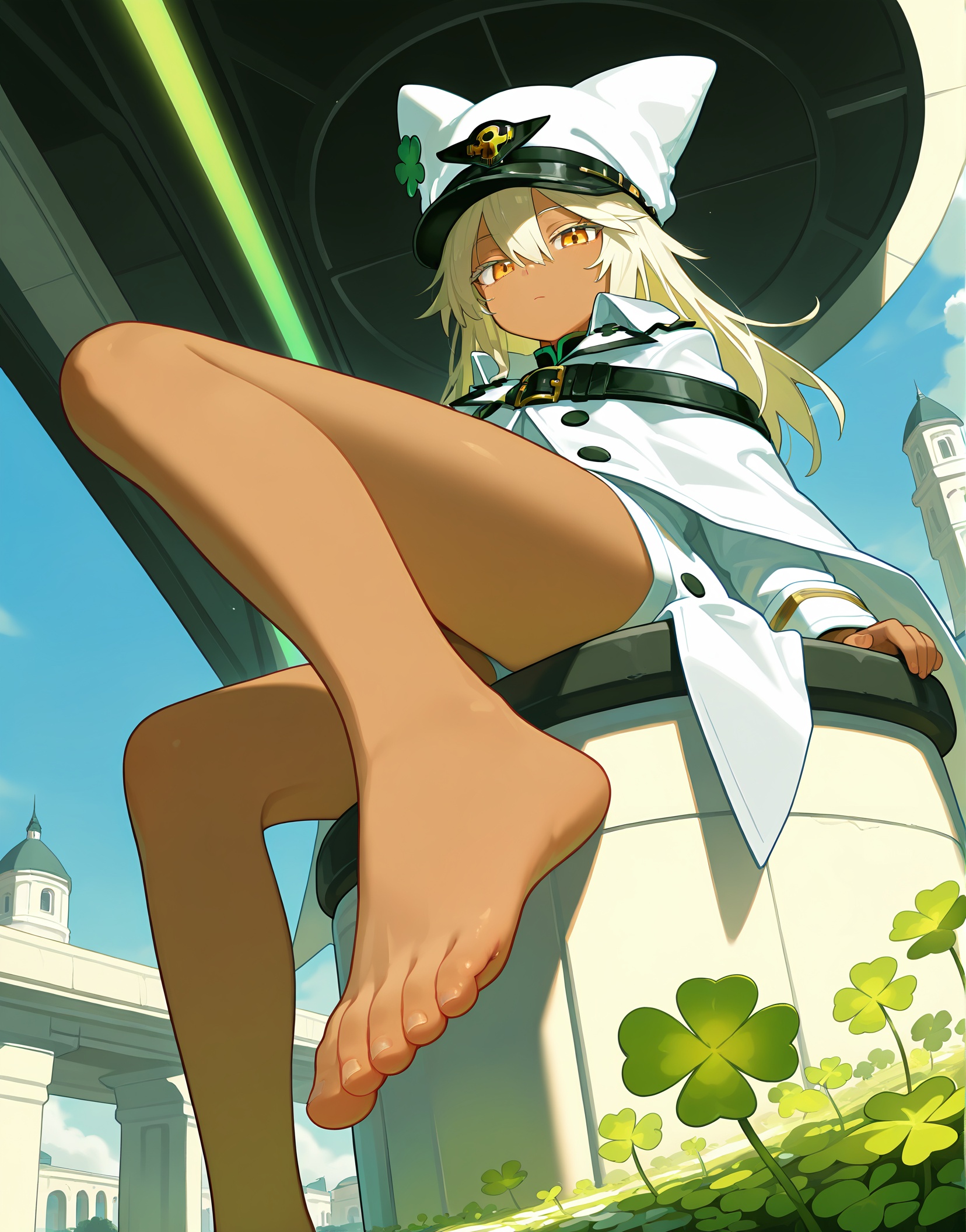 masterpiece,best quality,amazing quality,very aesthetic,(absurdres:1.1),newest,scenery,usnr,ramlethal valentine,hat,clover,dark skin,solo,dark-skinned female,four-leaf clover,blonde hair,orange eyes,looking at viewer,white headwear,long hair,hair between eyes,belt,closed mouth,peaked cap,coat,buttons,buckle,yellow eyes,white coat,bangs,from behind,foot focus,bare foot,sitting,front side,two feet,feet close up,, masterpiece,best quality,amazing quality,very aesthetic,absurdres,newest,scenery，masterpiece, best quality, amazing quality, very aesthetic, absurdres, newest, volumetric lighting, holographic colors,