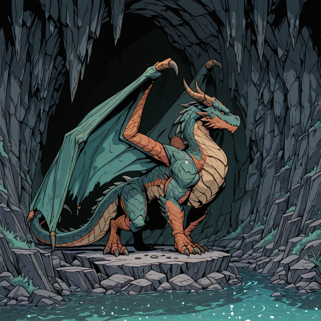 D&D Painterly,  A highly detailed digital illustration depicting an anthropomorphic dragon perched on a rocky outcrop abov...