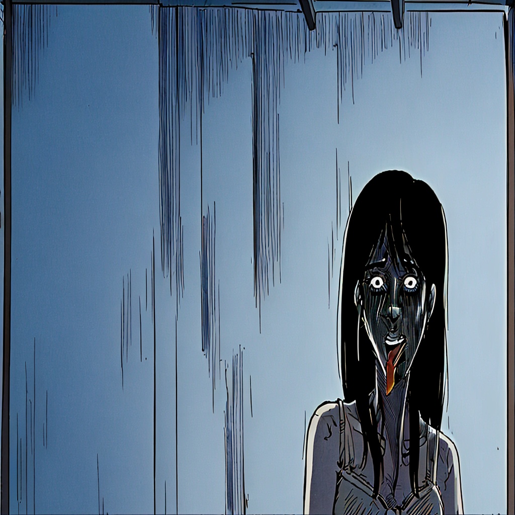 mjgs,<lora:mjgs_v2.0:1>,solo,ghost,yamamura sadako,long hair,bra,underwear,black hair,horror (theme),lingerie,breasts,white bra,hanging up,long_tongue,white pupils,
