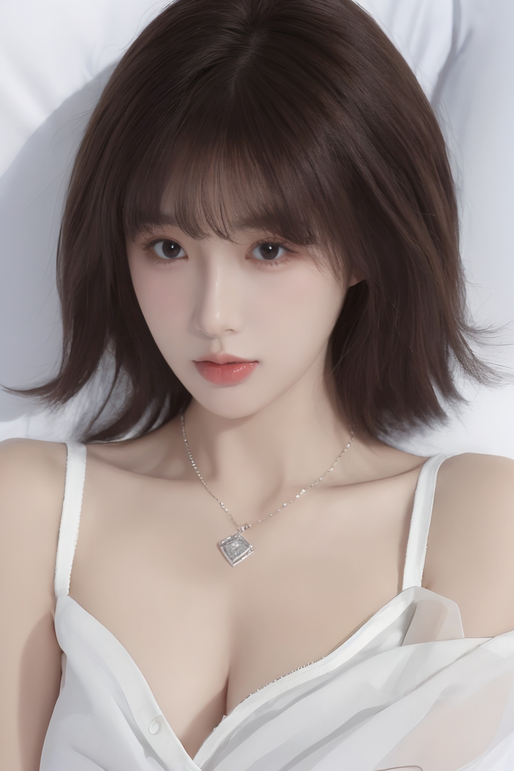 1girl,solo,lying,brown hair,necklace,realistic,looking at viewer,on back,black eyes,jewelry,lips,hand on own chest,black hair,parted lips,blurryt,<lora:sifang_20231118123505:0.7>, 