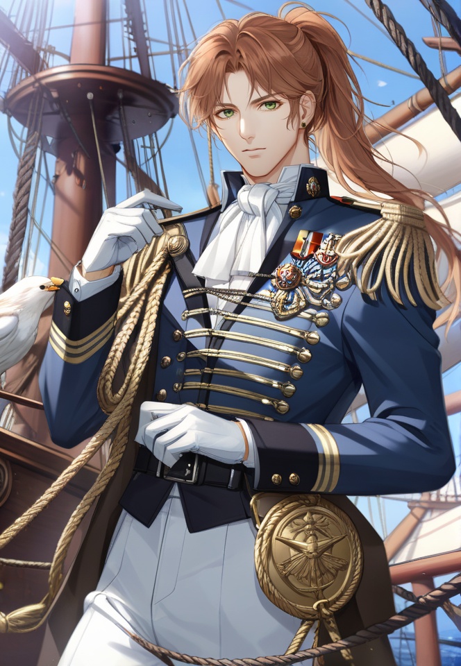 (best quality), ((masterpiece)), (highres), illustration, original, extremely detailed,   <lora:光与夜之恋同人人物篇:0.7>xmx, 1boy, male focus, brown hair, green eyes, long hair, solo, white ascot, white gloves, gloves, medal, military, weapon, sword, ascot, aiguillette, white pants, uniform, pants, military uniform, jacket, looking at viewer, ponytail, belt, brooch, epaulettes, long sleeves, bird, ship, day, standing
