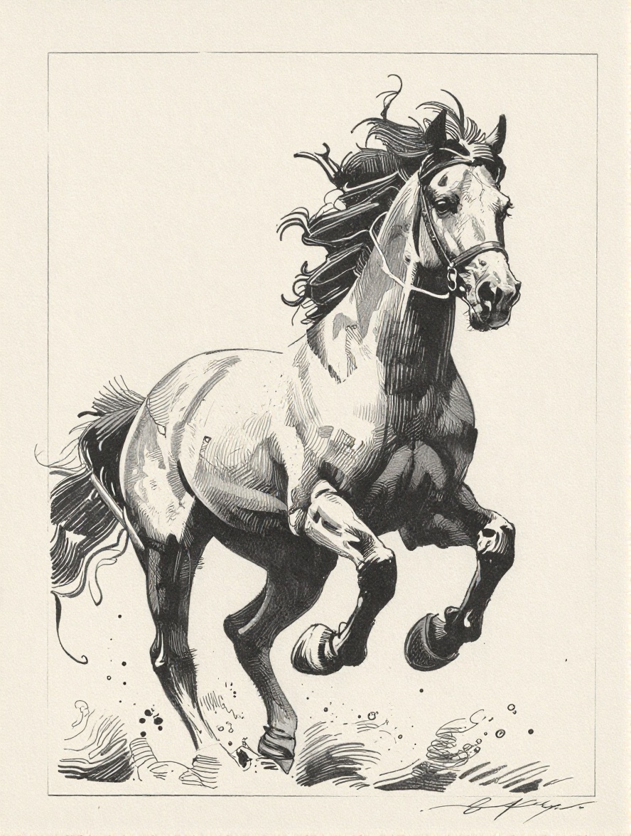Kaljedef art style: A dynamic black-and-white ink sketch of a powerful horse mid-gait,  rendered with bold cross-hatching...