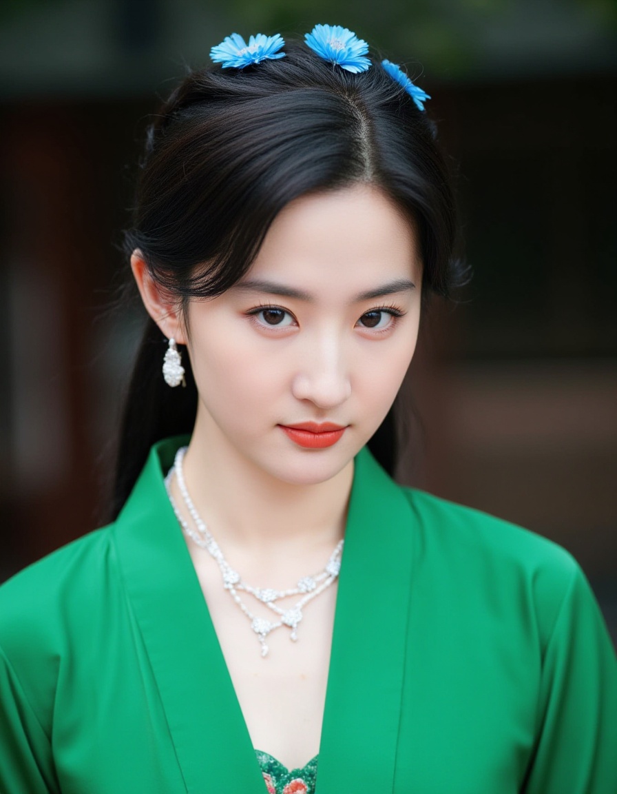 Captured at eye-level,  a close-up shot of a young Asian woman,  dressed in a green kimono on Tensor.Art