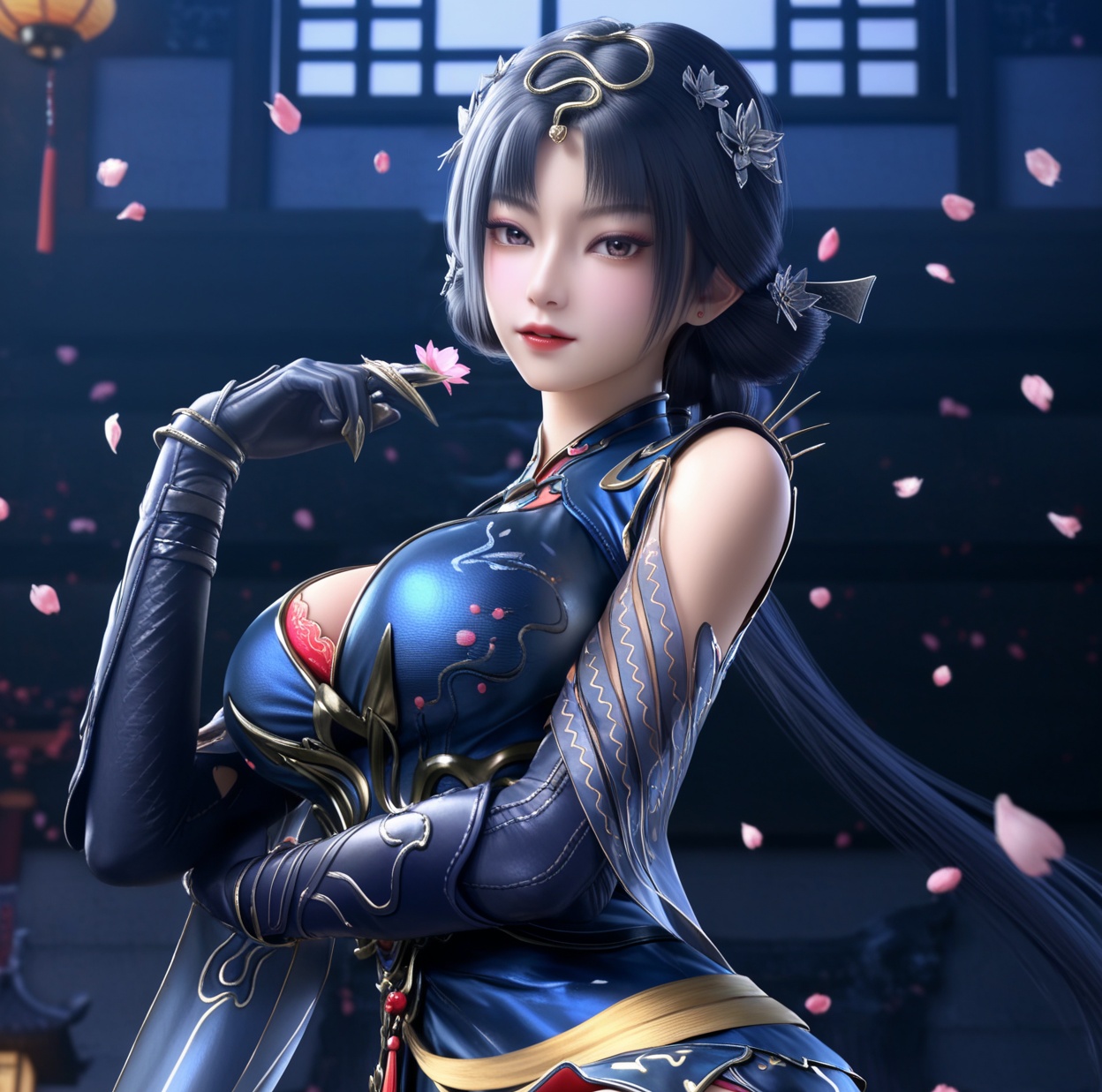 masterpiece,best quality,amazing quality,high resolution,ultra-detailed,absurdres,(looking at viewer:1.1),upper body,(Dark room:1.3),(moody lighting:1.1),peach blossom,falling petals BREAK large breasts,jinxiaochai,1girl,solo,dress,black hair,hair ornament,blue dress,chinese clothes,clothing cutout,gloves,brown patterned thigh-high stockings,fishnet texture,cleavage cutout,long hair,hair bun,realistic,shoes BREAK photorealistic details,<lora:QQSilljinxiaochaiV1:0.8>,