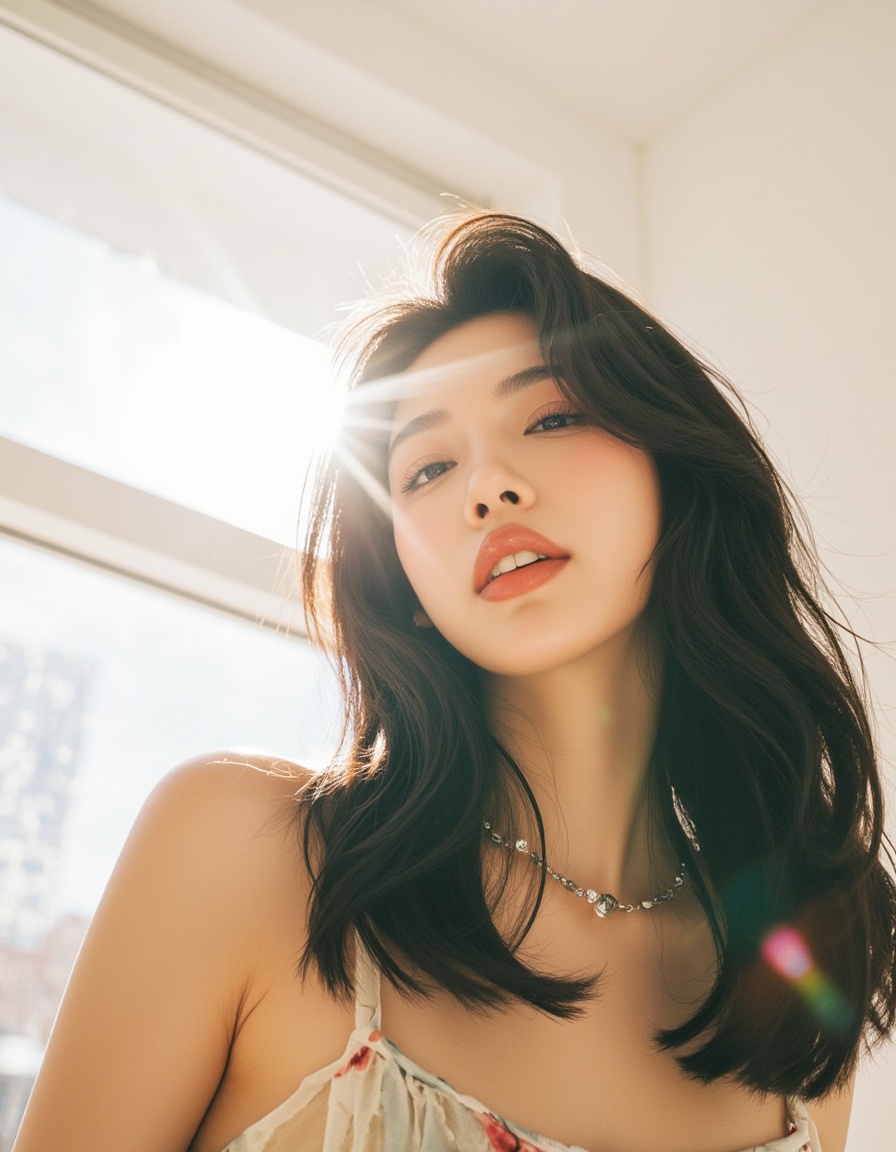 neomj,flashlighting,low-angle,wide shot,Film Photography,The lighting is bright and sunny, with a warm, natural daylight feel, creating a cheerful and airy atmosphereA young woman,smile,a cheerful and airy atmosphere,<lora:neomj闪光灯v3_12:1>,
