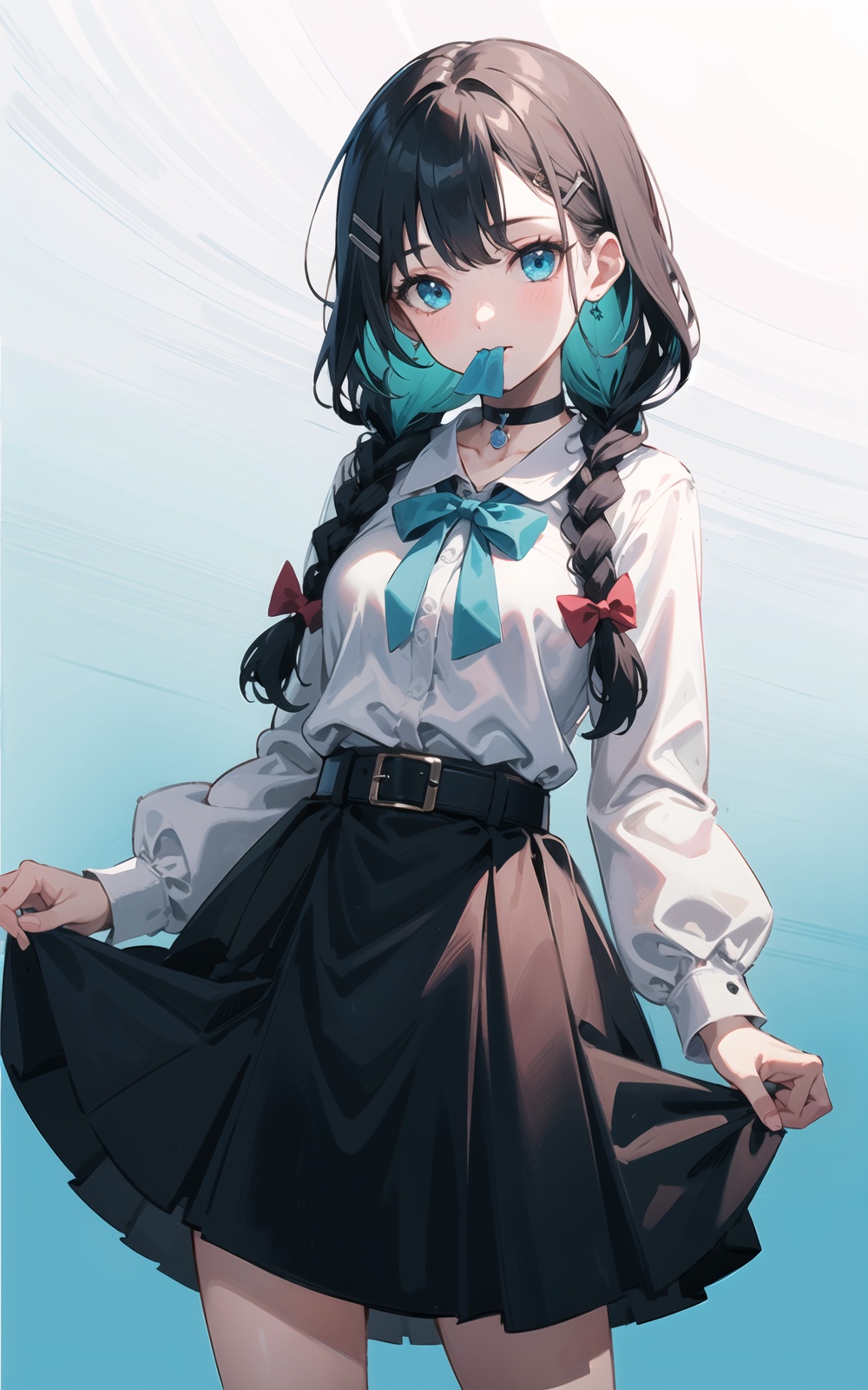 blue_background, 1girl, aqua_background, solo, belt, mouth_hold, blue_eyes, shirt, long_sleeves, dress, ribbon, skirt, black_border, black_hair, solo, hairclip, twin_braids, bow, breasts, gradient_background, choker, gradient, looking_at_viewer, shirt, long_sleeves