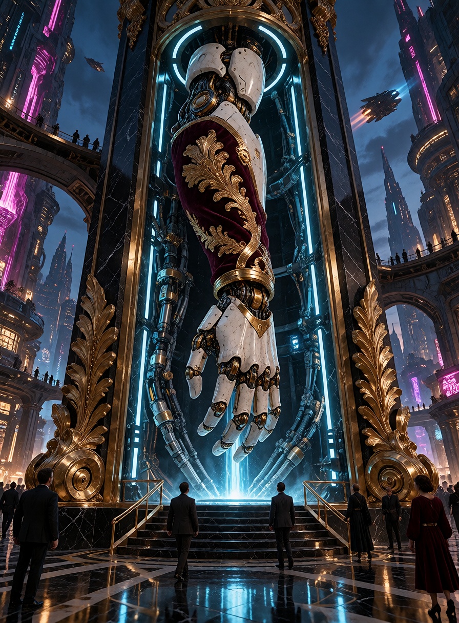 An enormous white-and-gold articulated cybernetic forearm hangs from visible mechanical supports inside a tall black marbl...