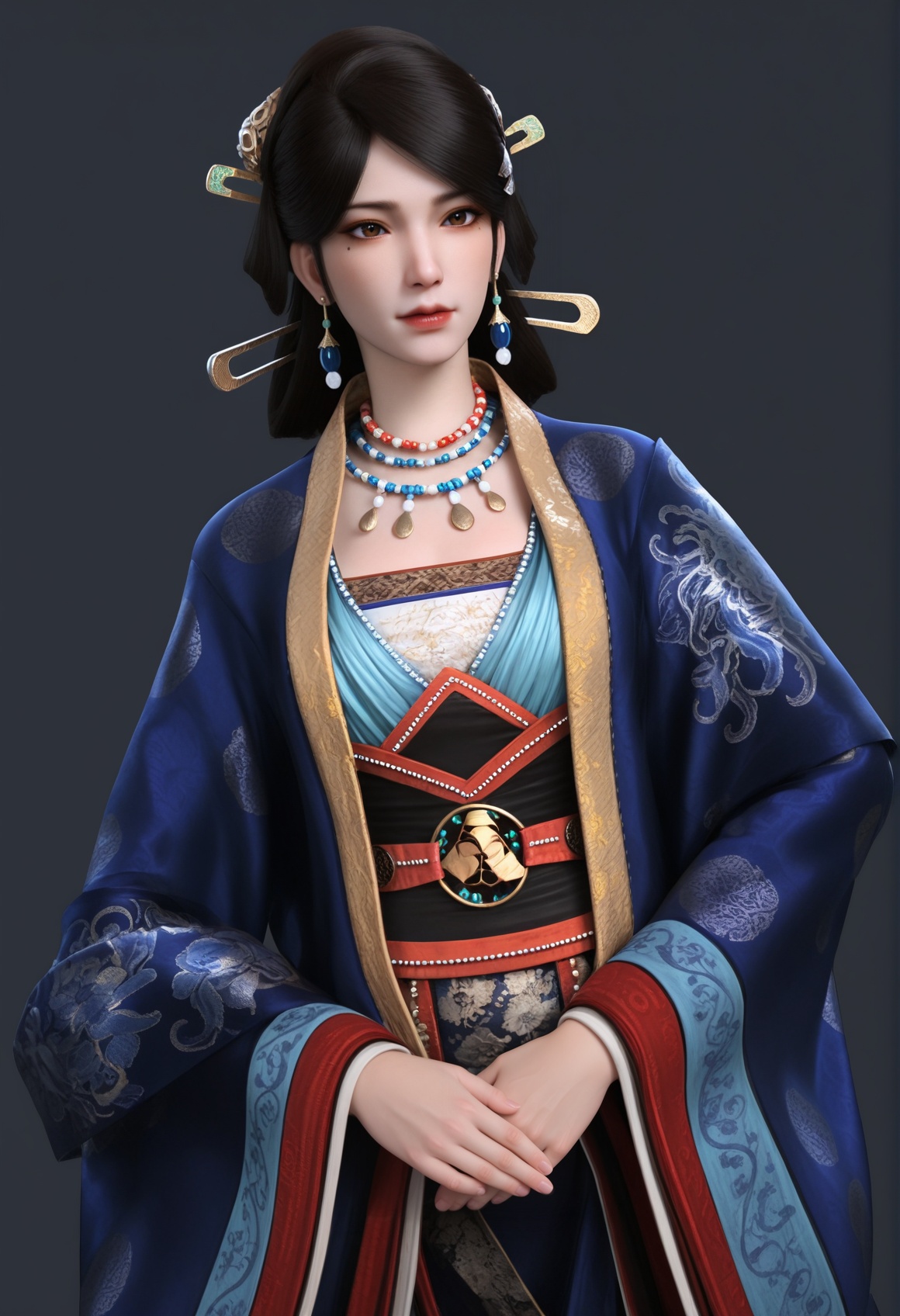 (score_9),dutch angle,cowboy shot,standing,<lora:温洛玉-apony:0.83>,wengluoyu,solo,1girl,brown eyes,hair stick,black hair,earrings,hair ornament,updo,hair stick,mole under eye,mole,beads,bead necklace,robe,waist belt,wide sleeves,mature_female,collarbone,BREAK<lora:Expressive_H-000001:0.8>,light blush,Expressiveh,seductive_smile,dutch angle,cowboy shot,standing,from above,salute,one side up,<lora:e肤色滑块:0.25>,fair_skin,(pale skin),ultra-detailed skin texture,detailed textures,<lora:皮肤凹痕:1.5>,<lora:RealisticSkinv1_ponyv6_loraplus:0.35>,real skin,BREAKsimple background,black background,<lora:e色温:0.25>,4K ultra HD,sharp focus,high detail,high contrast,