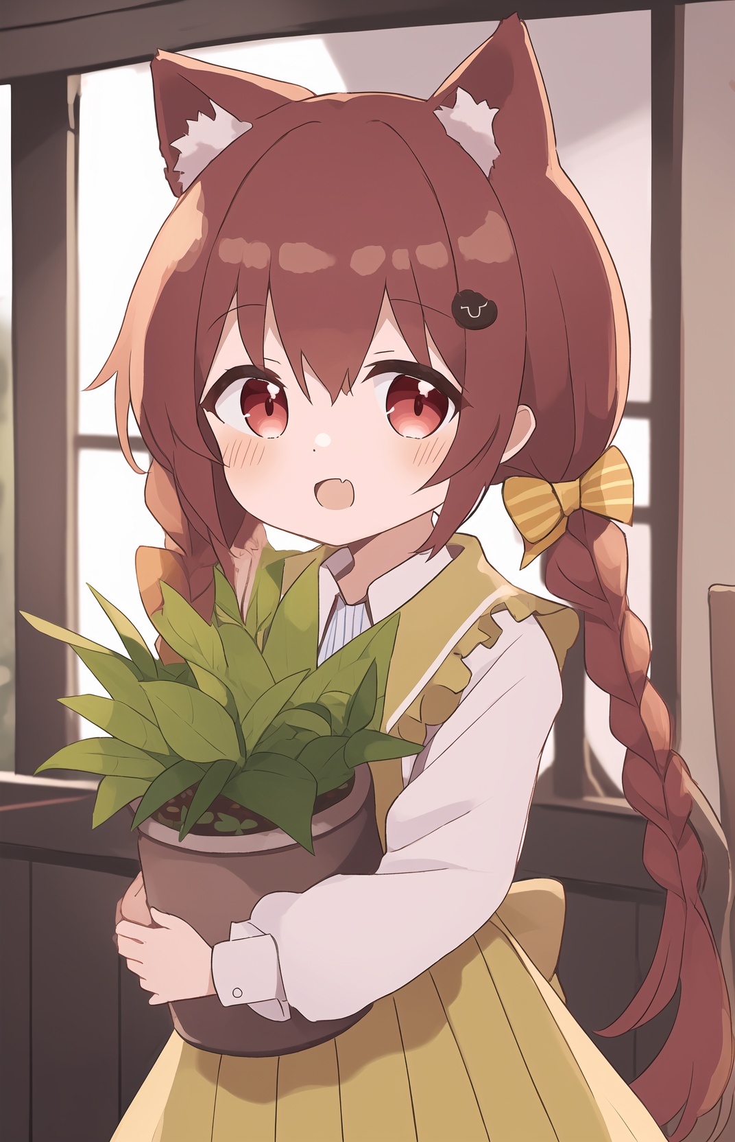 1girl, animal ears, shirt, solo, hair ornament, white shirt, braid, flower, twin braids, red eyes, animal ear fluff, long hair, yellow flower, hairclip, dress, long sleeves, holding, green dress, collared shirt, sleeveless dress, bangs, striped, smile, :d, ribbon, puffy sleeves, hair flower, puffy long sleeves, open mouth, bow, twintails, blush, sleeveless, fang, looking at viewer, potted plant, blush stickers, hair ribbon, plant, hair between eyes, flower pot, window, striped bow