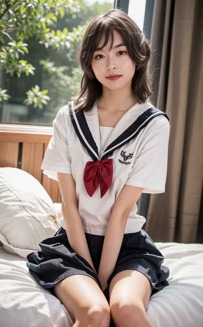 solo,pantyhose,school uniform,skirt,red skirt,sitting,long hair,window,1girl,serafuku,bow,short sleeves,indoors,sailor collar,red skirt,bangs,bowtie,shirt,looking at viewer,cosplay,white shirt,red bow,grey hair,smile,black pantyhose,on bed,pleated skirt,black hair,own hands together,feet out of frame,<lora:TUIBUXIJIE:lbw=NONE>,sitting sideways,expressionless,